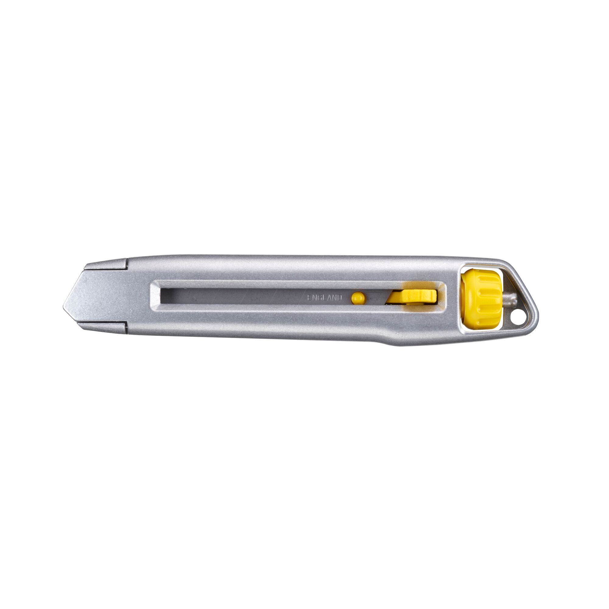 Photo of STANLEY 0-10-018 utility knife with silver body and yellow accents, top angle on white background.