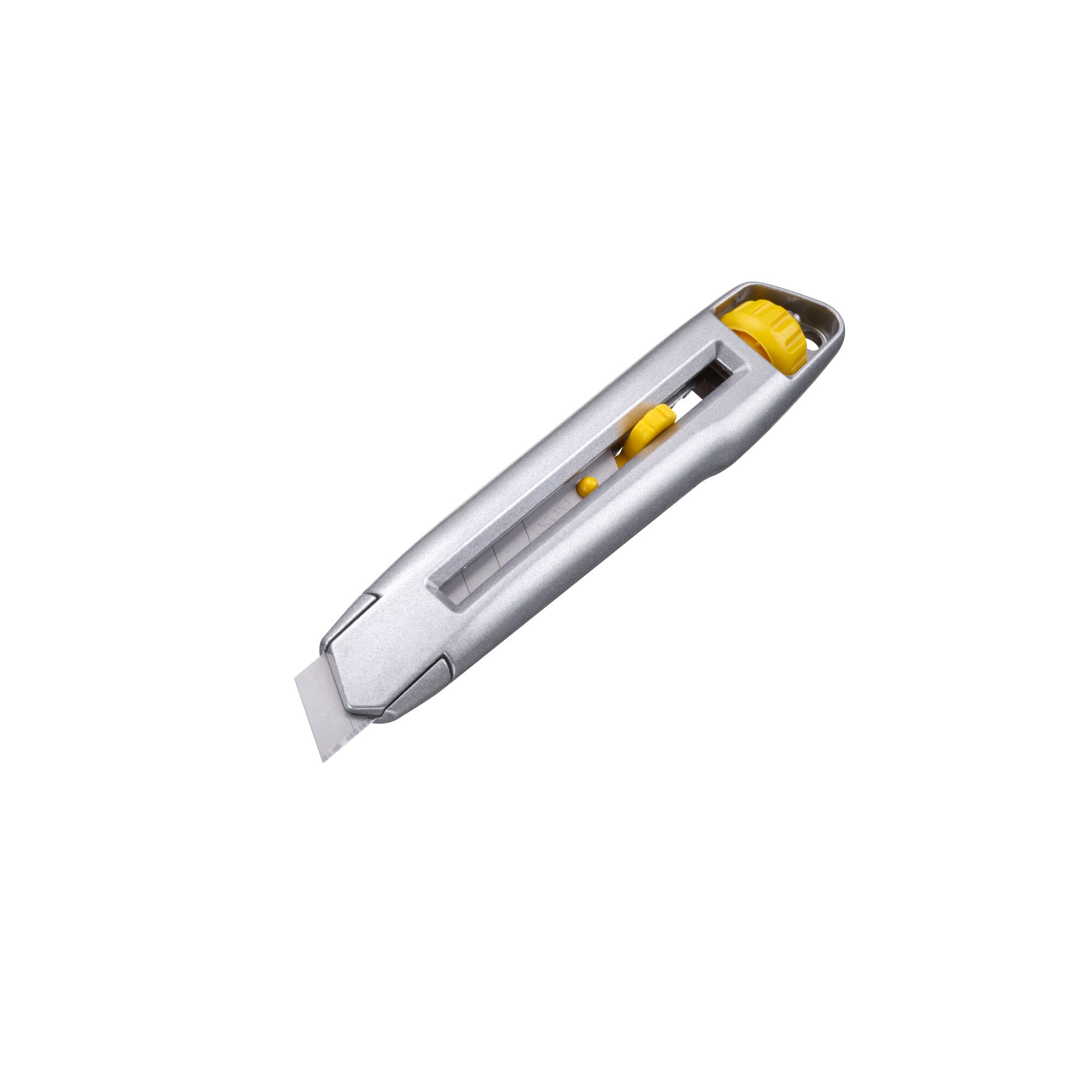 STANLEY 0-10-018 utility knife with silver and yellow body, angled view on white background.