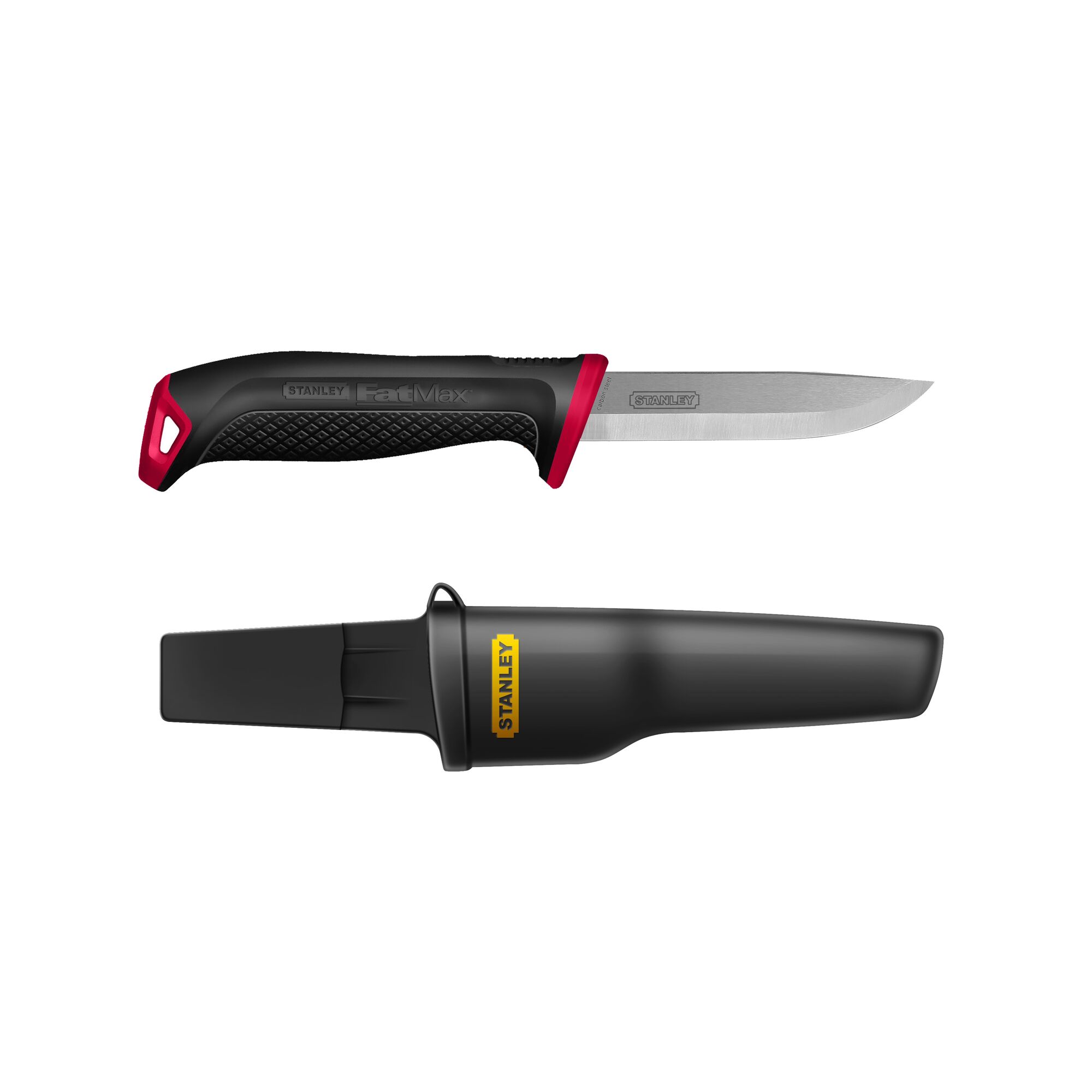 Photo of STANLEY 0-10-231 fixed blade utility knife and black sheath, side view on white background.