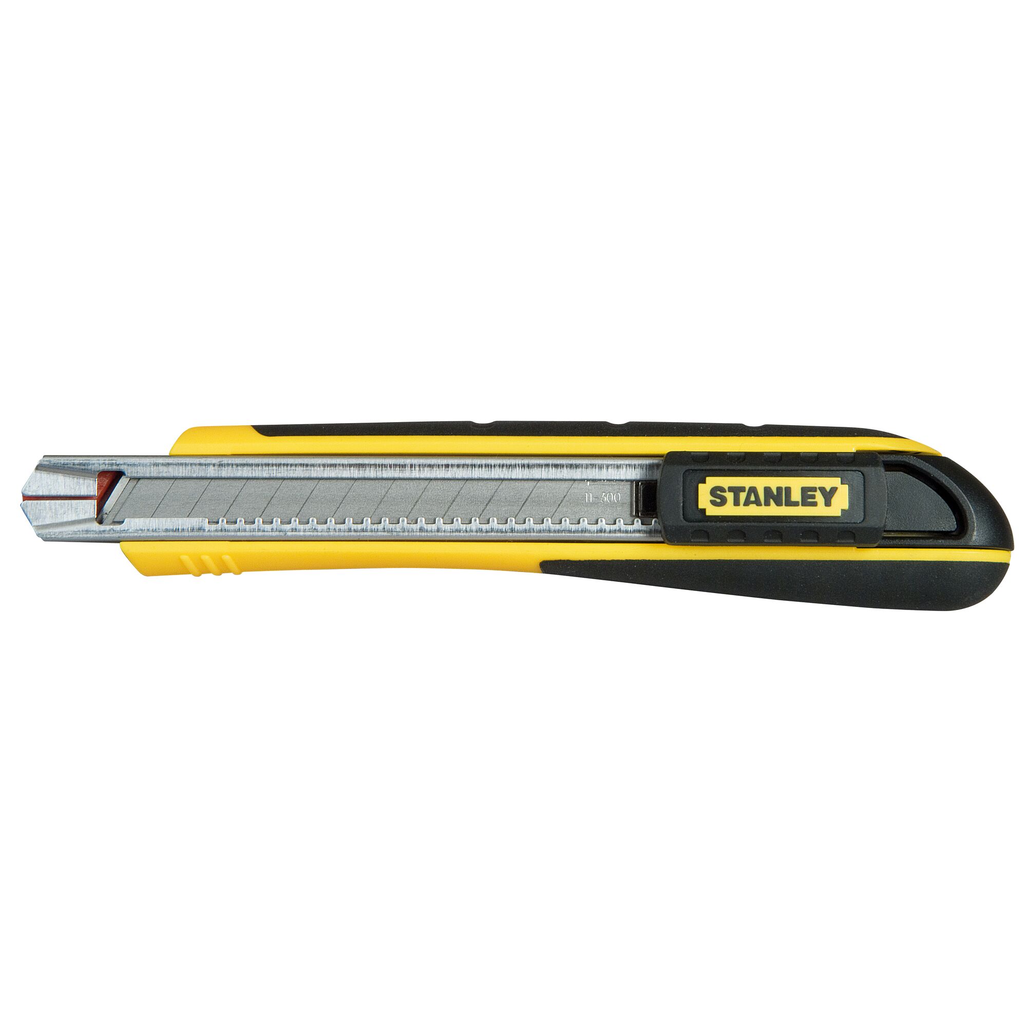 Photo of STANLEY 0-10-475 yellow and black utility knife, side view, showing retractable blade.