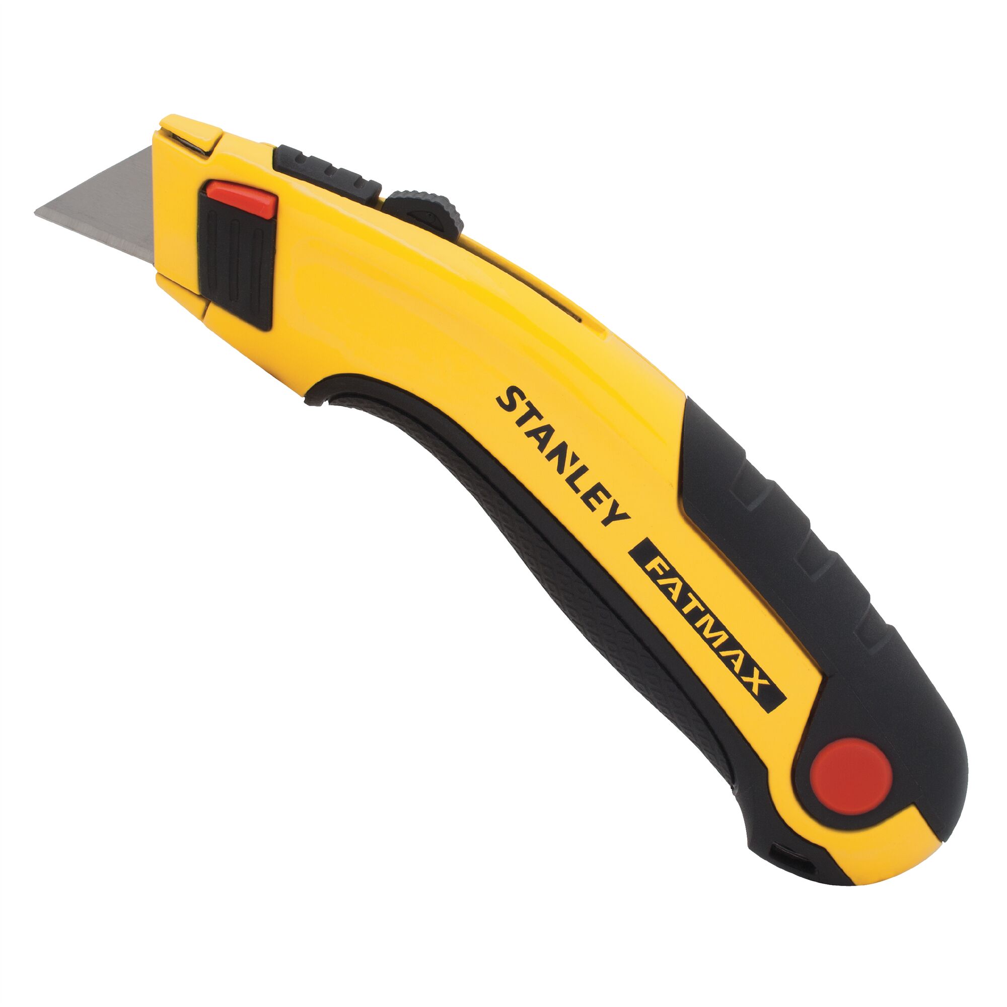 Photo of STANLEY 0-10-778 utility knife with yellow and black body, FATMAX branding, angled on white background.