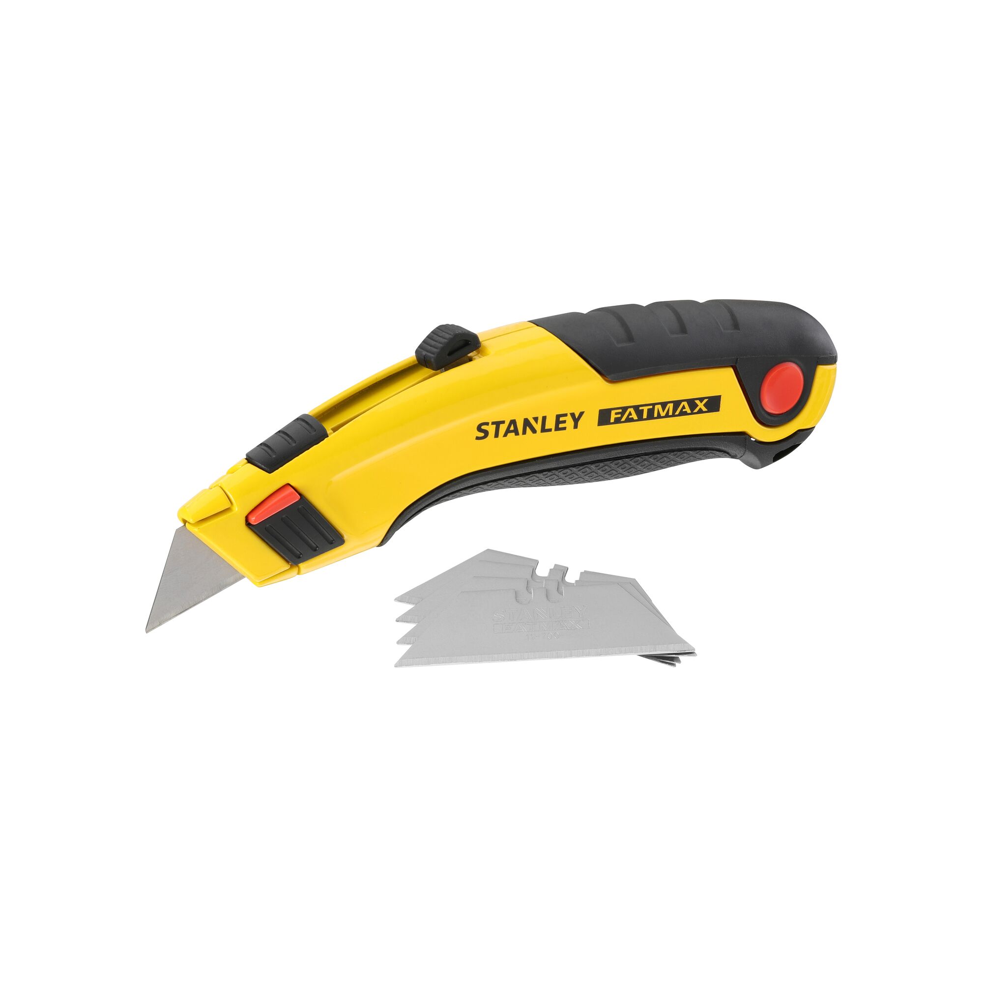 STANLEY 0-10-778 utility knife FatMax yellow and black handle, with spare blades, side angle, white background.
