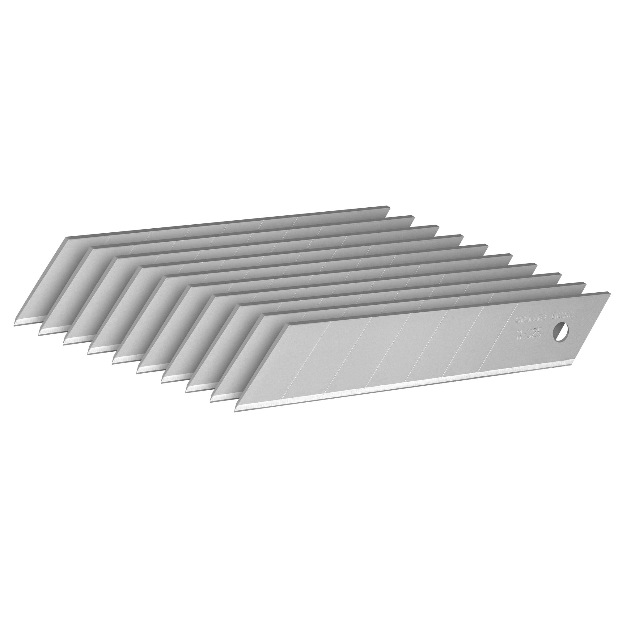 Photo of STANLEY 0-11-325 snap-off utility blades, pack of ten, silver, angled, on white background.