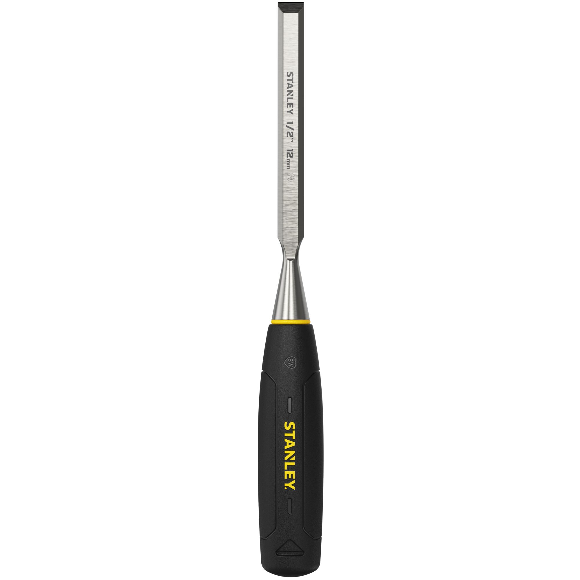 Stanley chisel with black and yellow handle and 12mm steel blade, shown upright on white background.