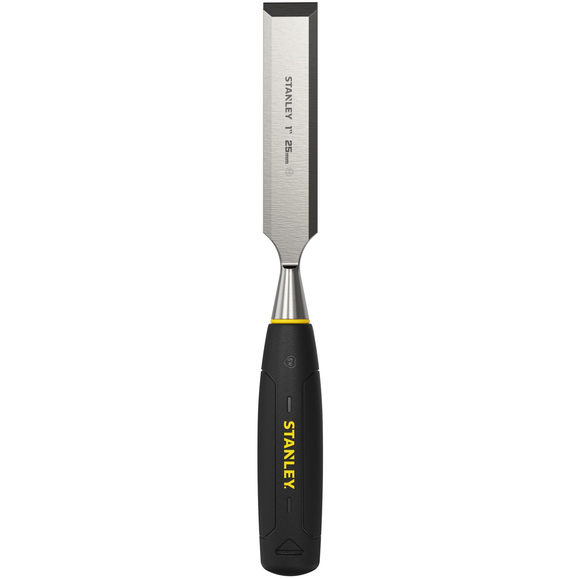 Stanley 25mm chisel with a black and yellow handle and sharp metal blade for woodworking.