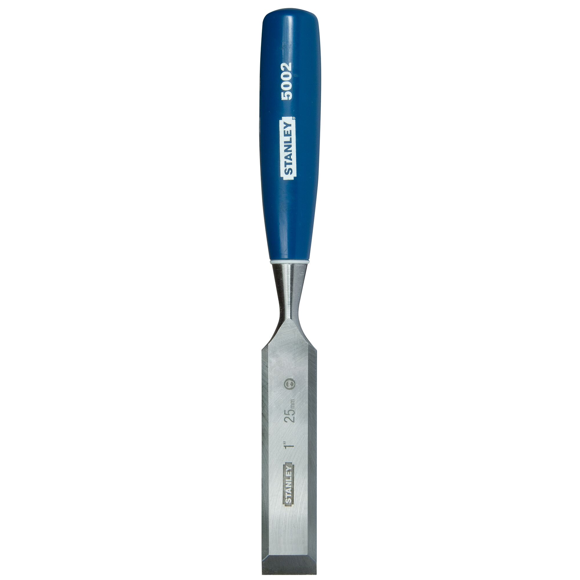 STANLEY 0-16-551 woodworking chisel with blue handle, product facing up, white background.