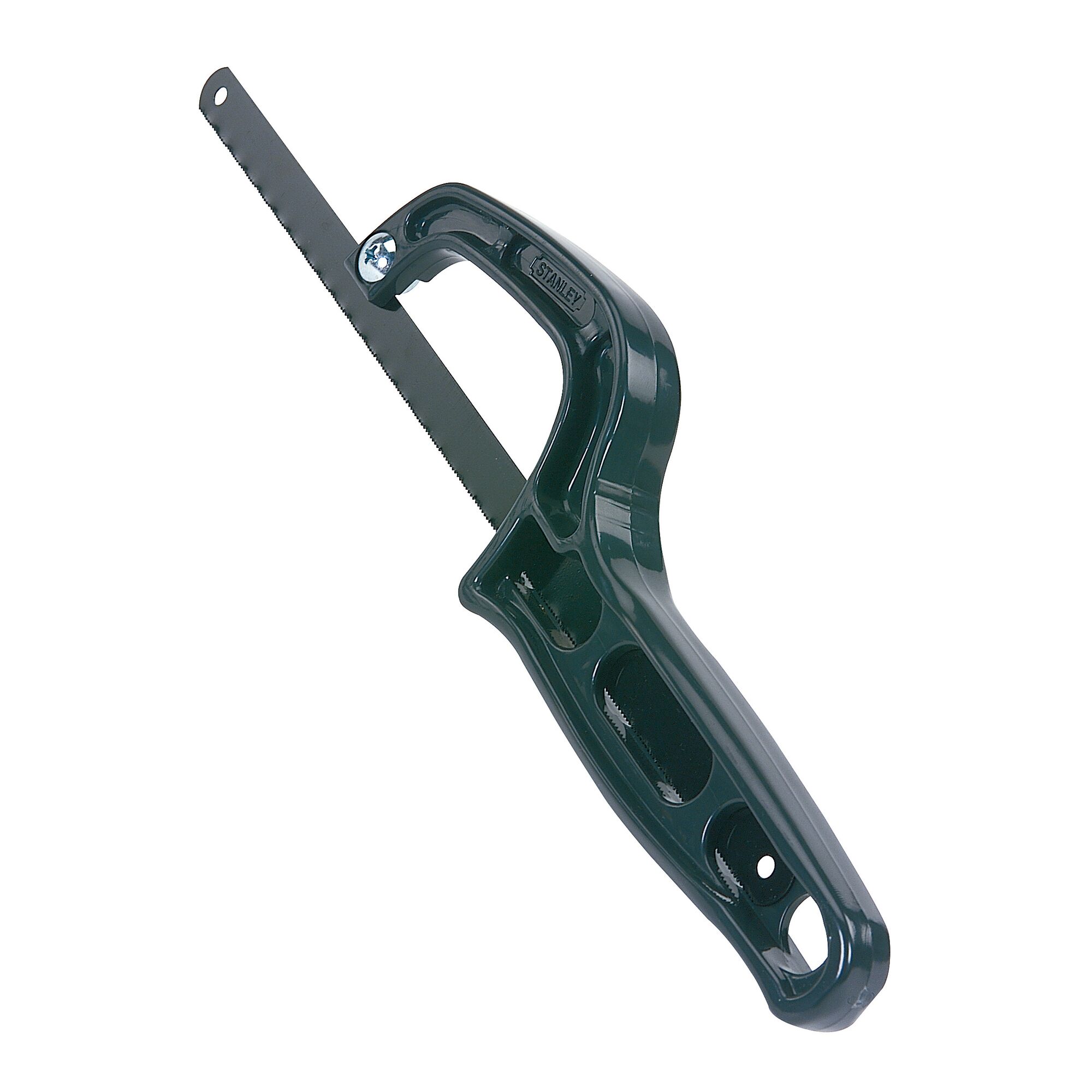 STANLEY 0-20-807 hacksaw with black plastic handle, blade visible, product photography, angled view.