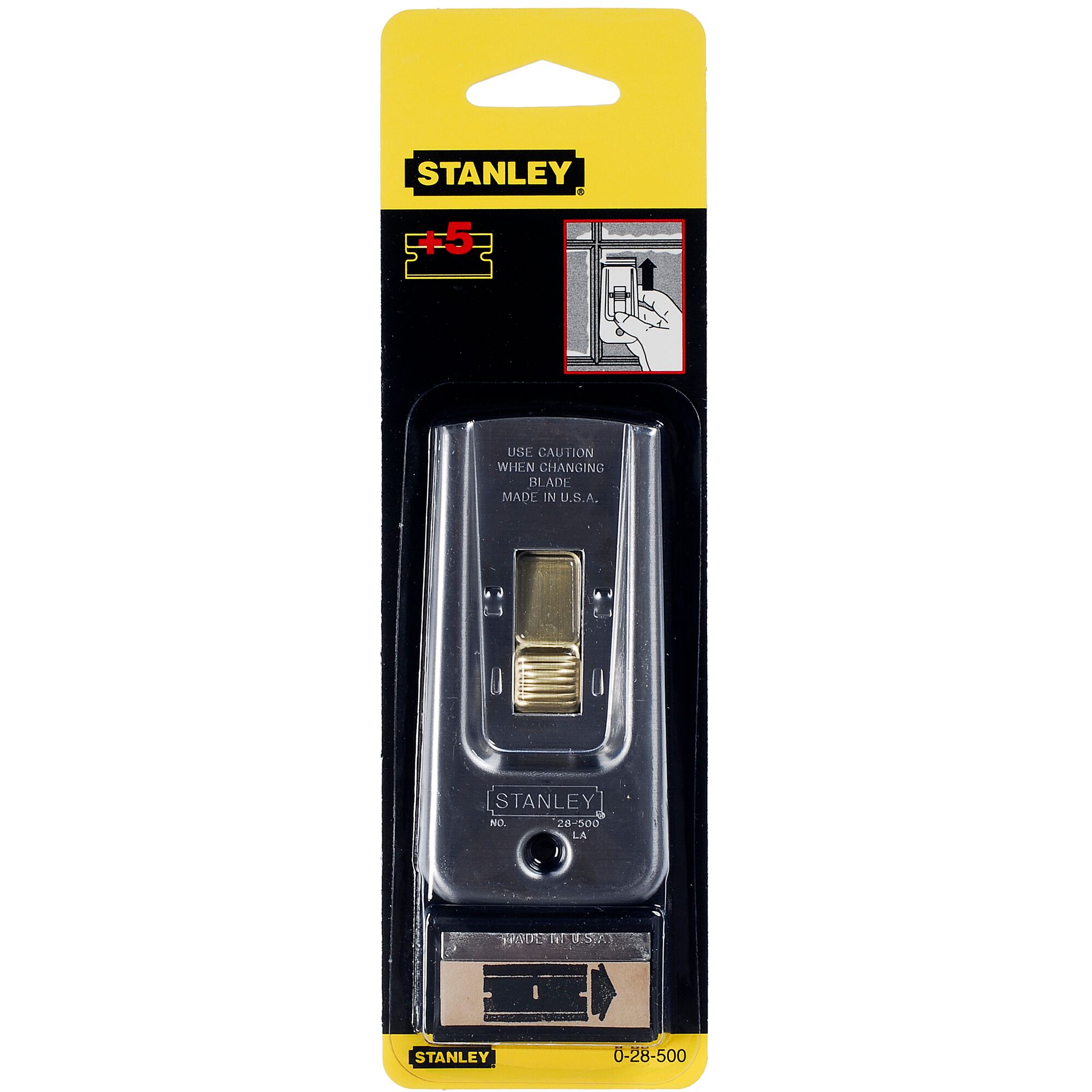 STANLEY 0-28-500 razor blade scraper in plastic packaging, front angle, includes extra blades under scraper.