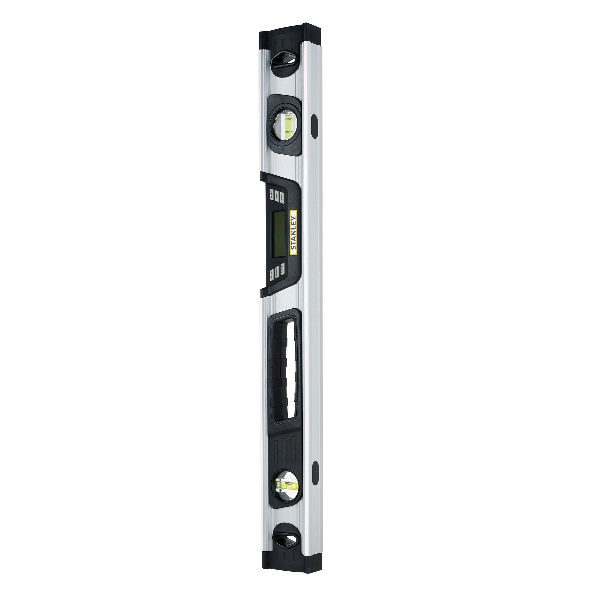 Photo of STANLEY 0-42-065 digital spirit level with LCD display, three vials, black and silver, front angle.