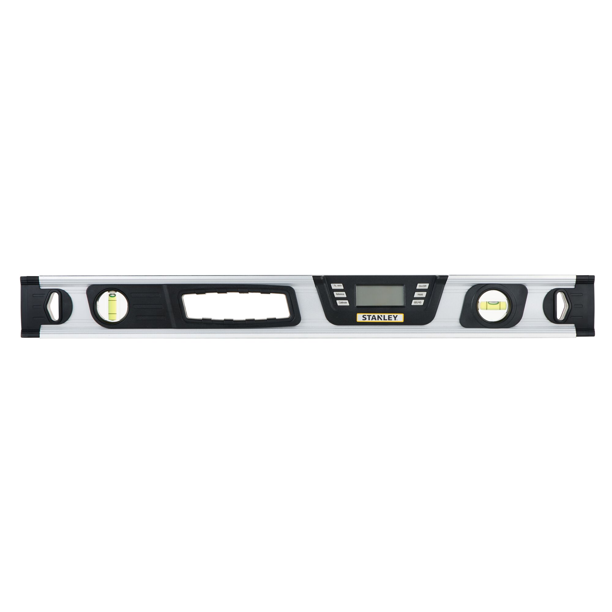 STANLEY 0-42-065 digital spirit level with LCD display, silver and black, front angle on white background.