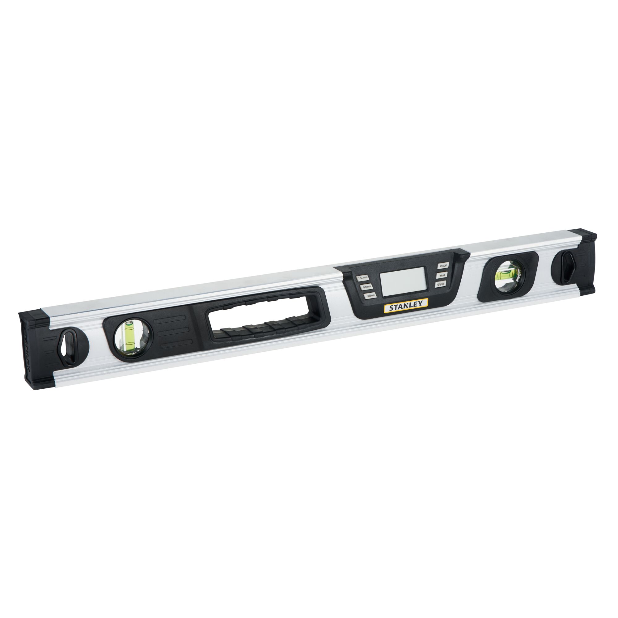 STANLEY 0-42-065 digital spirit level with LCD display, aluminum body and black accents, front angle.