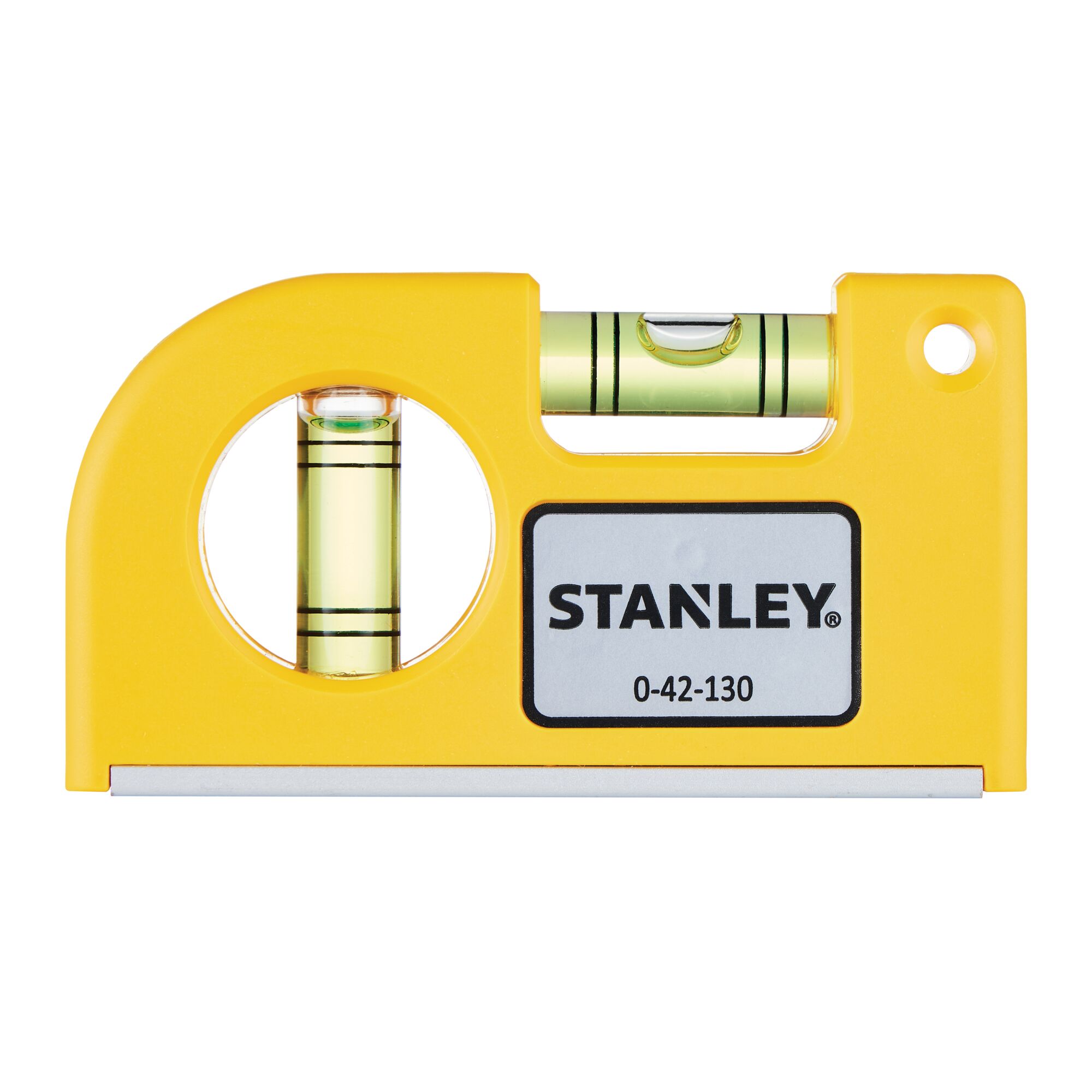 Stanley 0-42-130 yellow spirit level, front angle, compact design with horizontal and vertical vials.