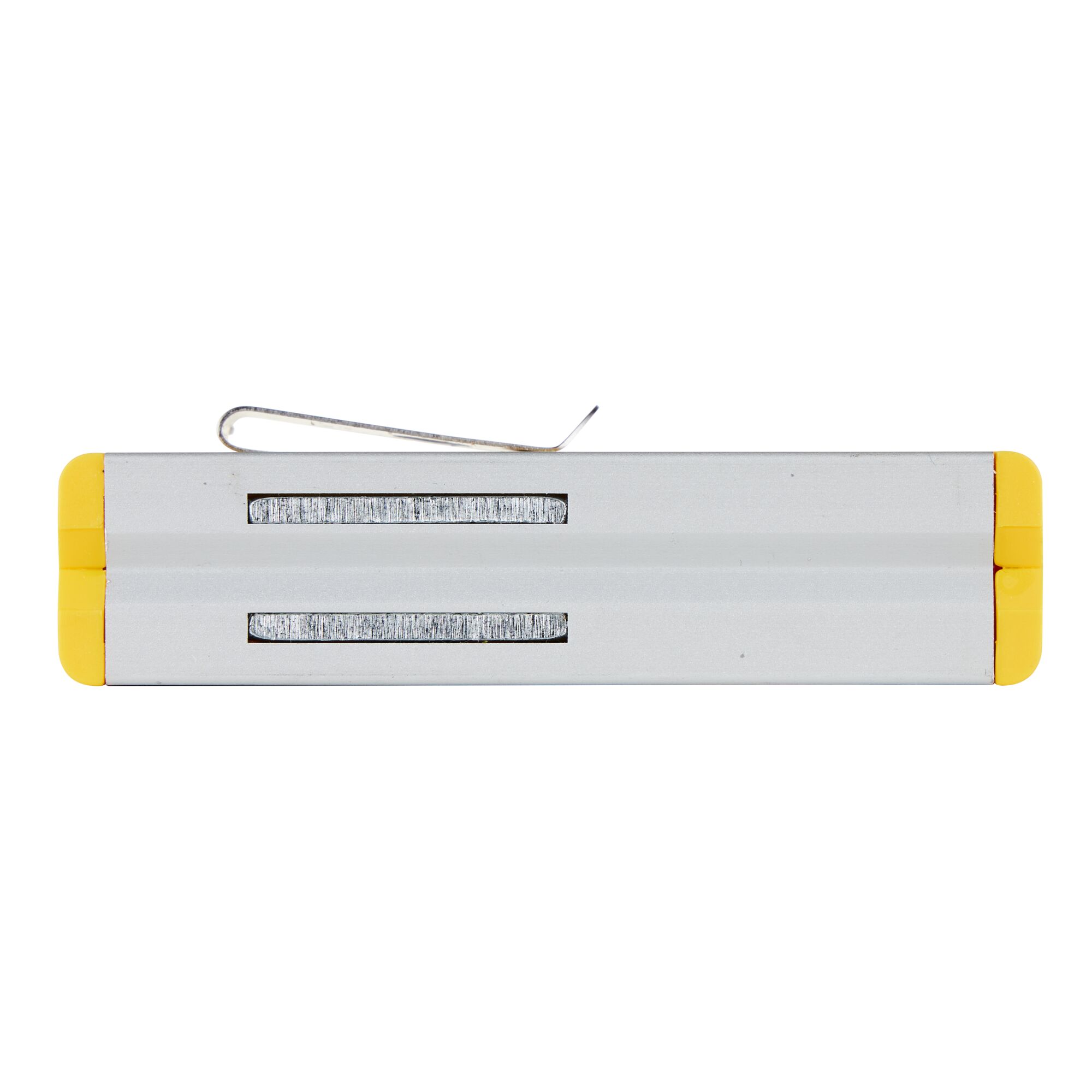 Stanley aluminum line level with yellow ends and metal hook, viewed from the side.