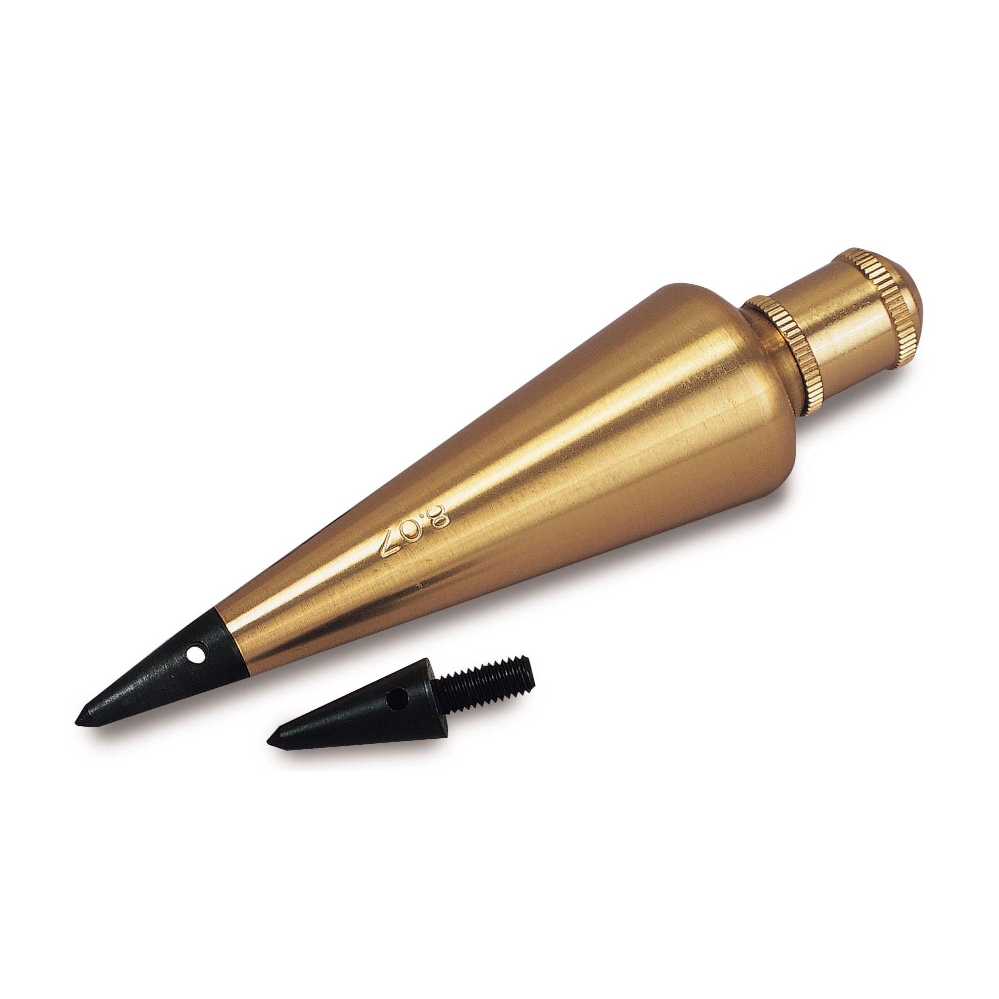 STANLEY 0-47-973 brass plumb bob with conical shape, pointed tip, extra replacement tip, white background, side angle.