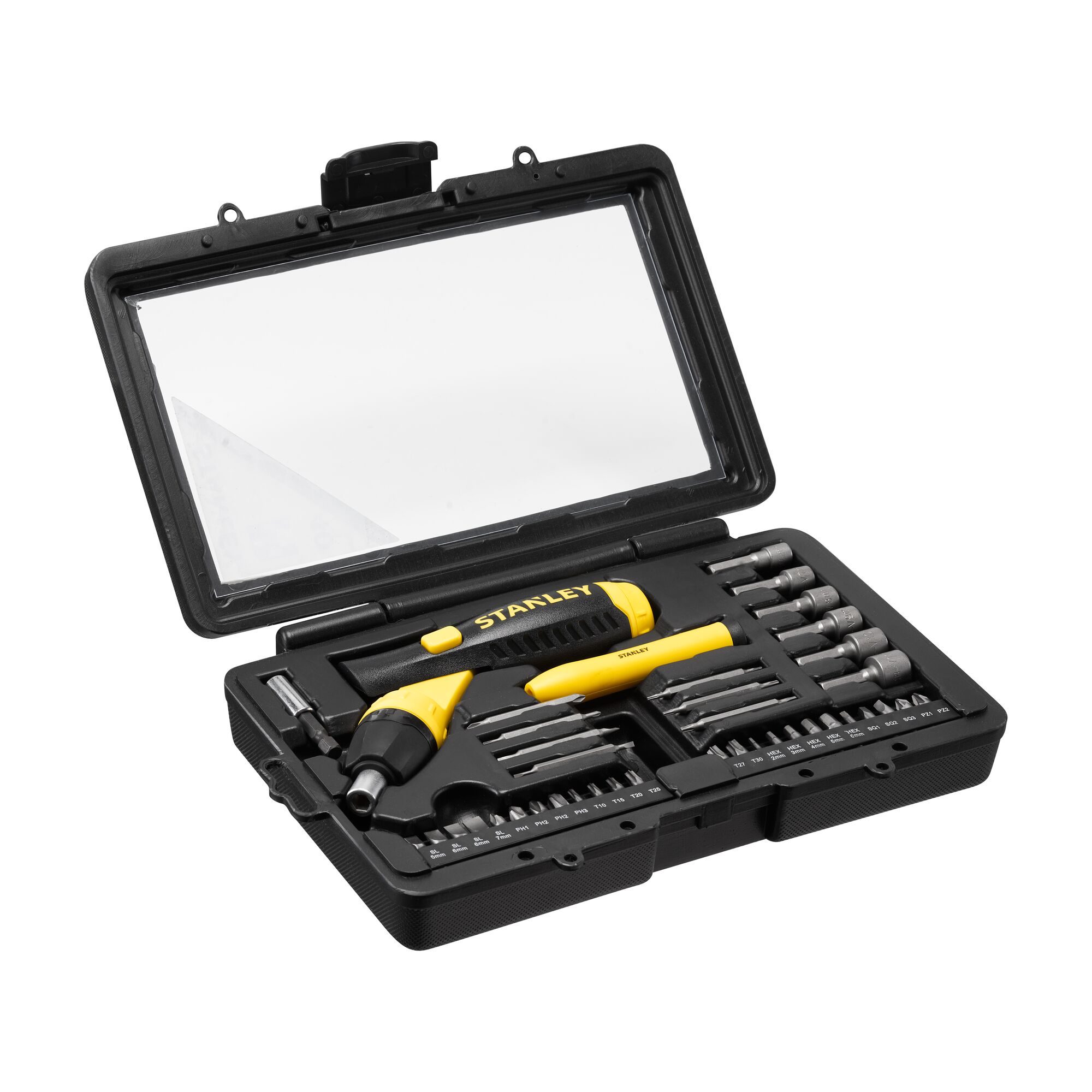 Photo of STANLEY 0-63-038 screwdriver bit set in black case, open on white background.