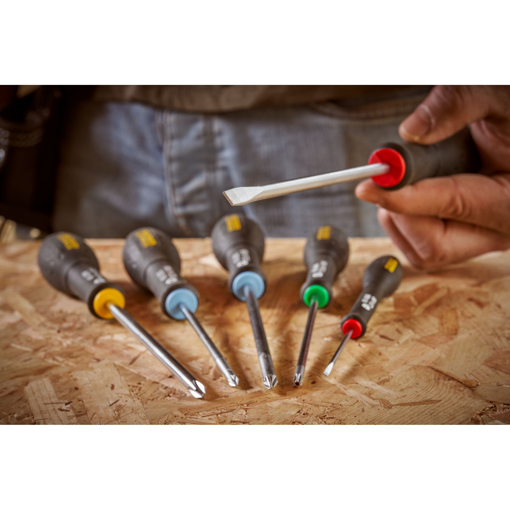 STANLEY 0-65-141 screwdriver set with color-coded handles on wooden surface, close-up photography.