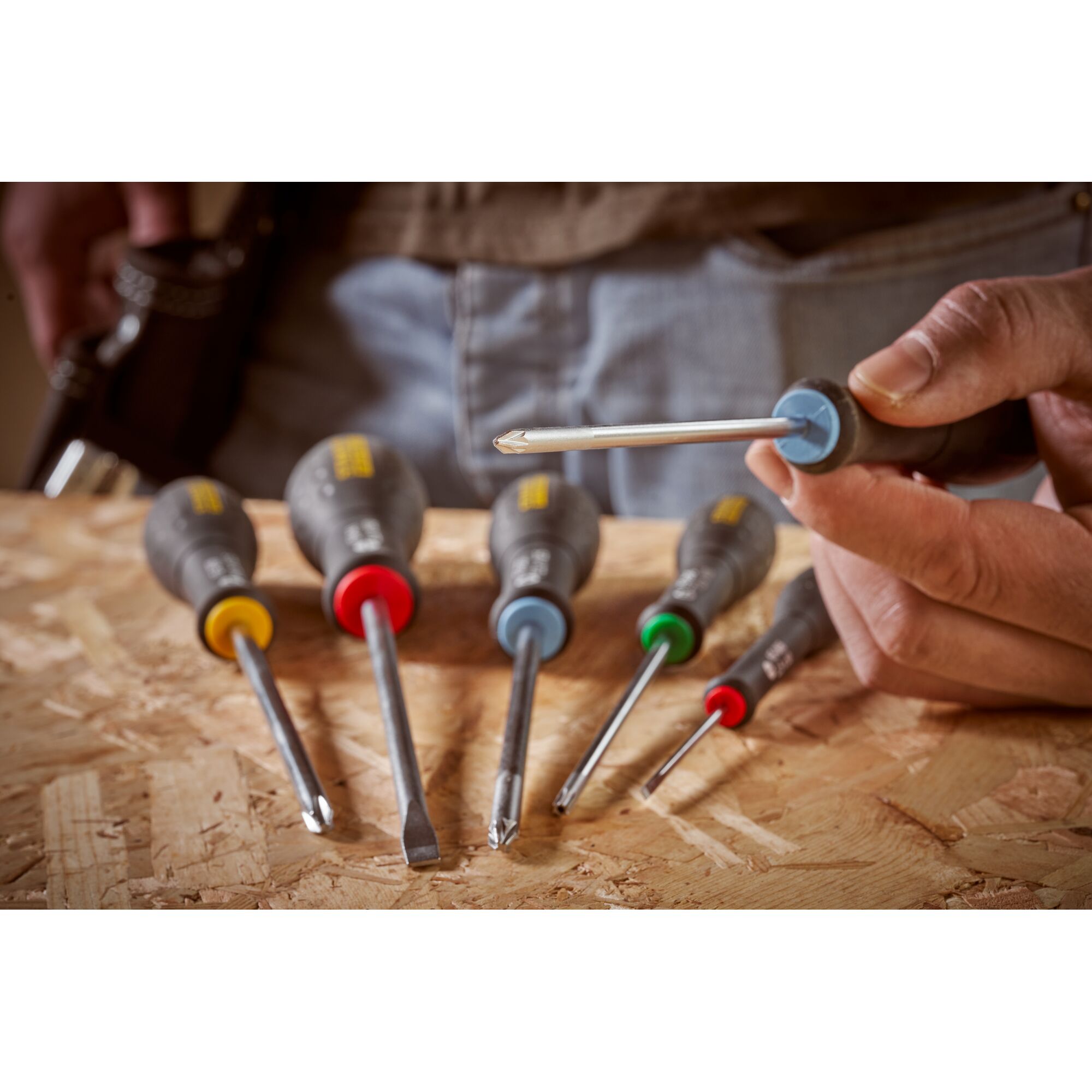 STANLEY 0-65-335 screwdriver set with colored handles shown on wooden surface, close-up.