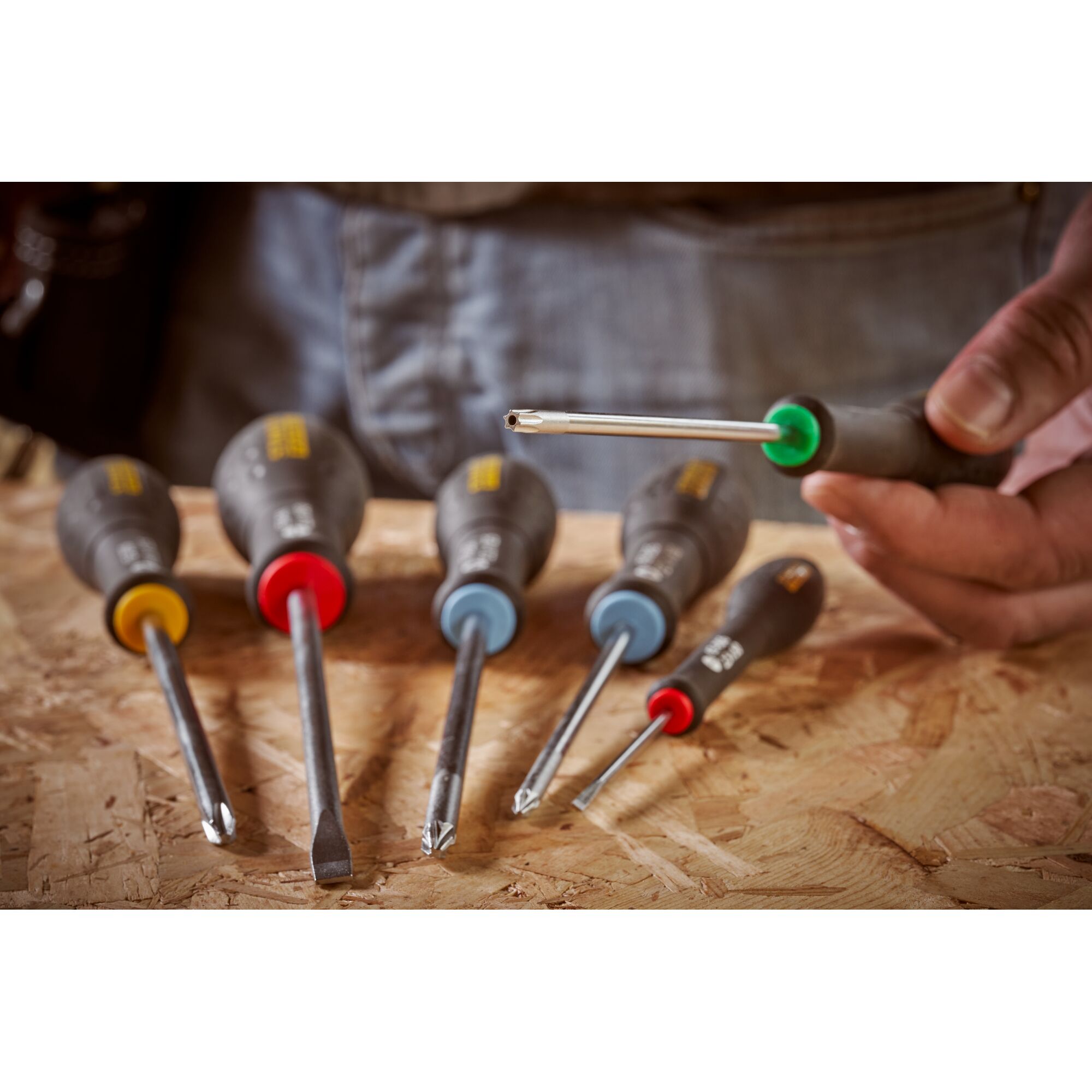 Photo of STANLEY 0-65-396 screwdriver set with color-coded handles on a wooden surface.