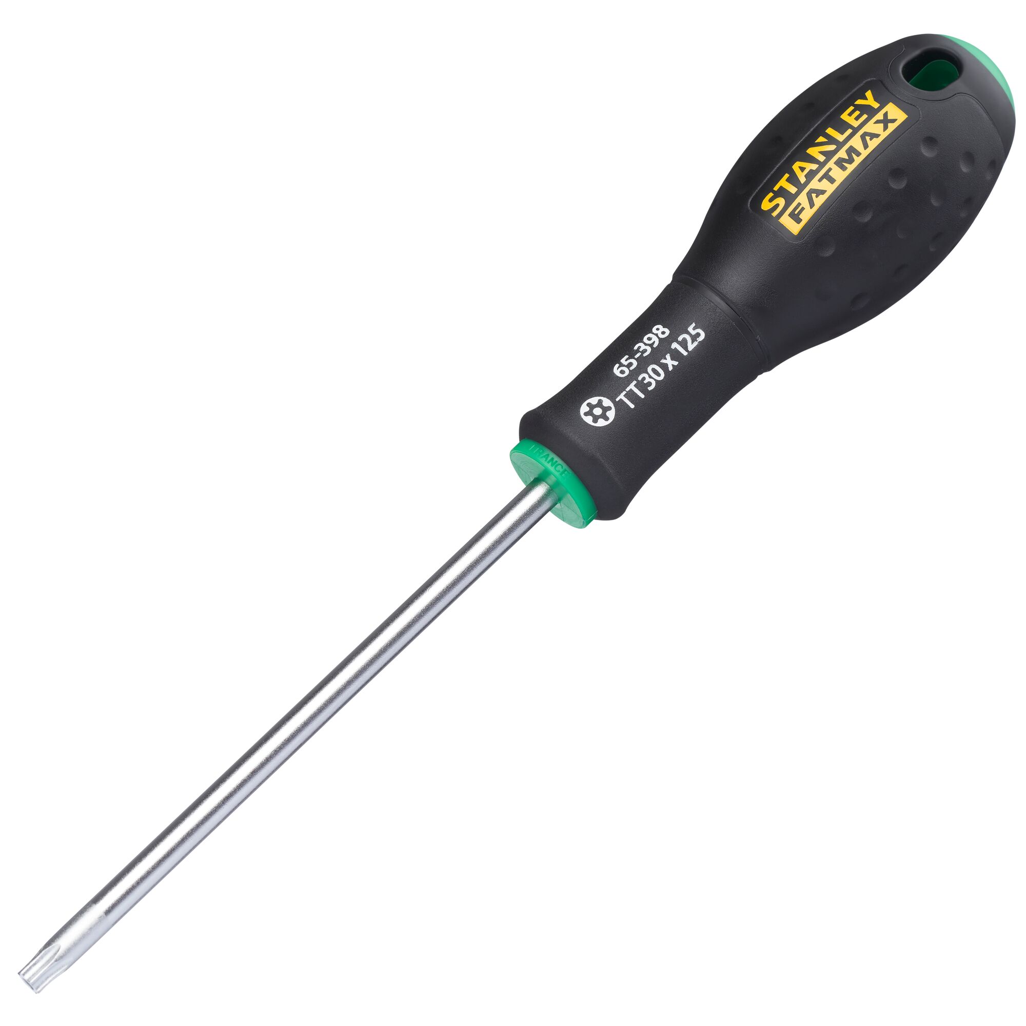 STANLEY 0-65-398 screwdriver with black ergonomic handle and green accents, product side angle on white background.