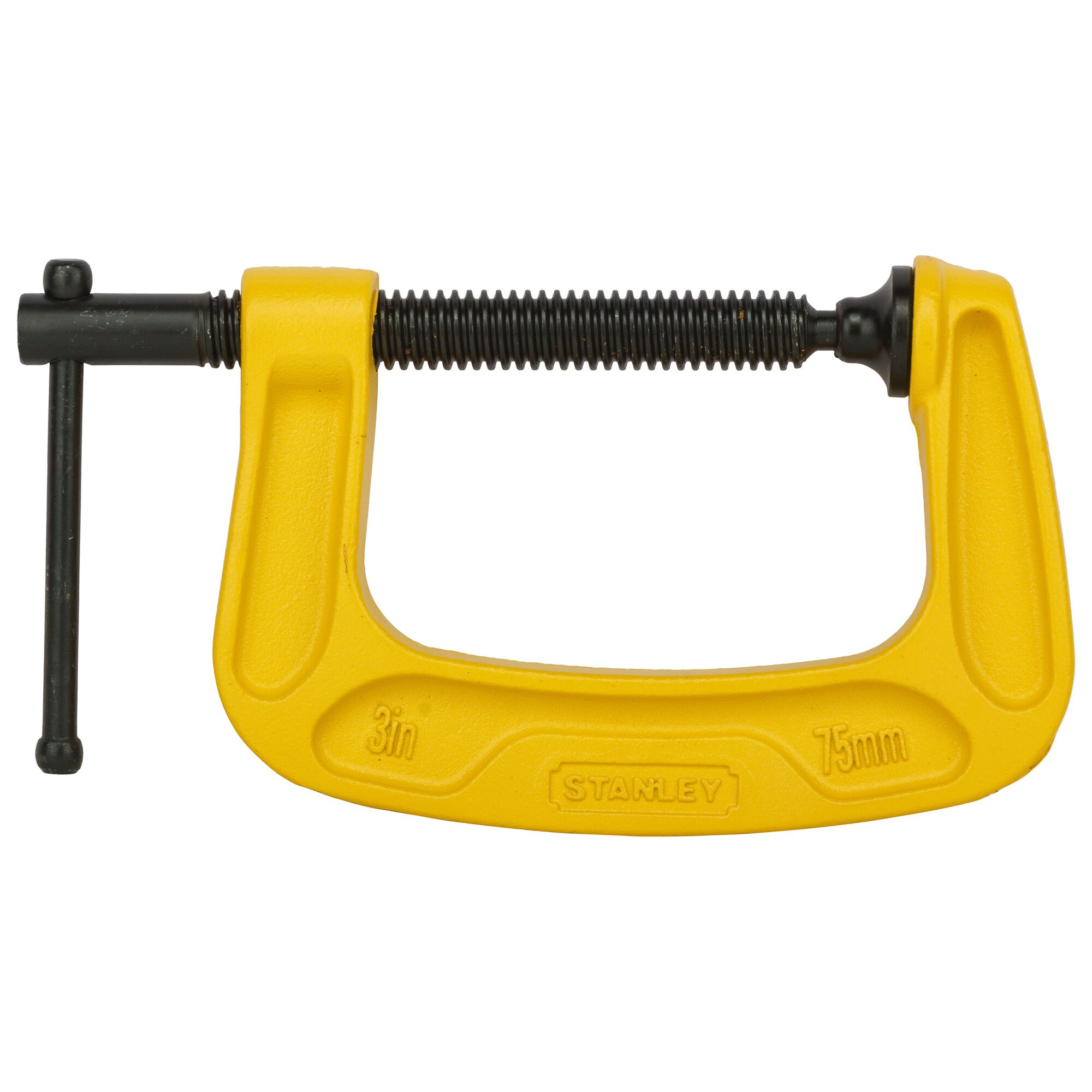 Stanley yellow 3-inch C-clamp for woodworking and photography, with threaded screw and grip handle.