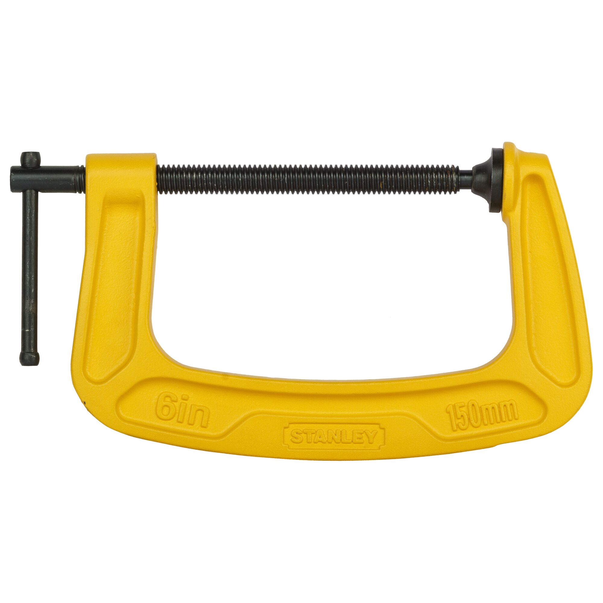 Yellow 6-inch STANLEY C-clamp for securing materials in photography or construction projects.