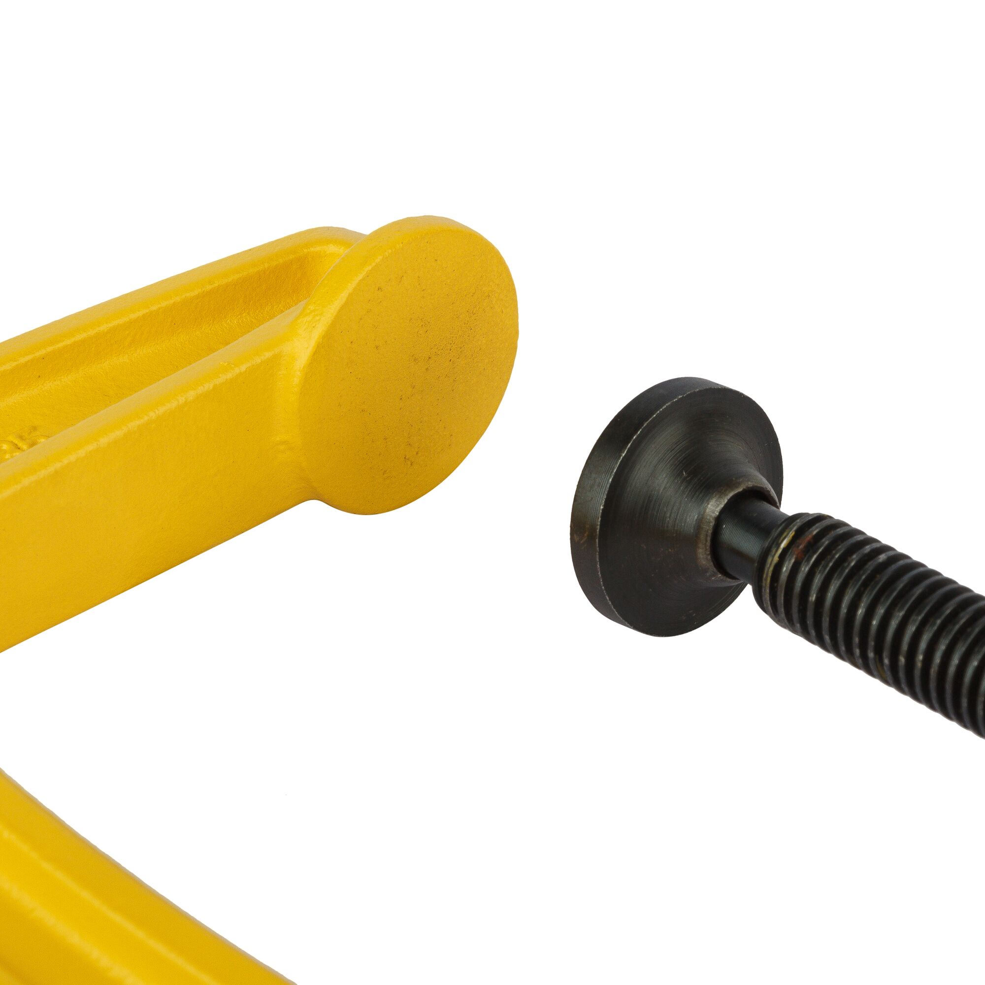 STANLEY 0-83-035 photography of yellow clamp close-up with black threaded spindle on white background.
