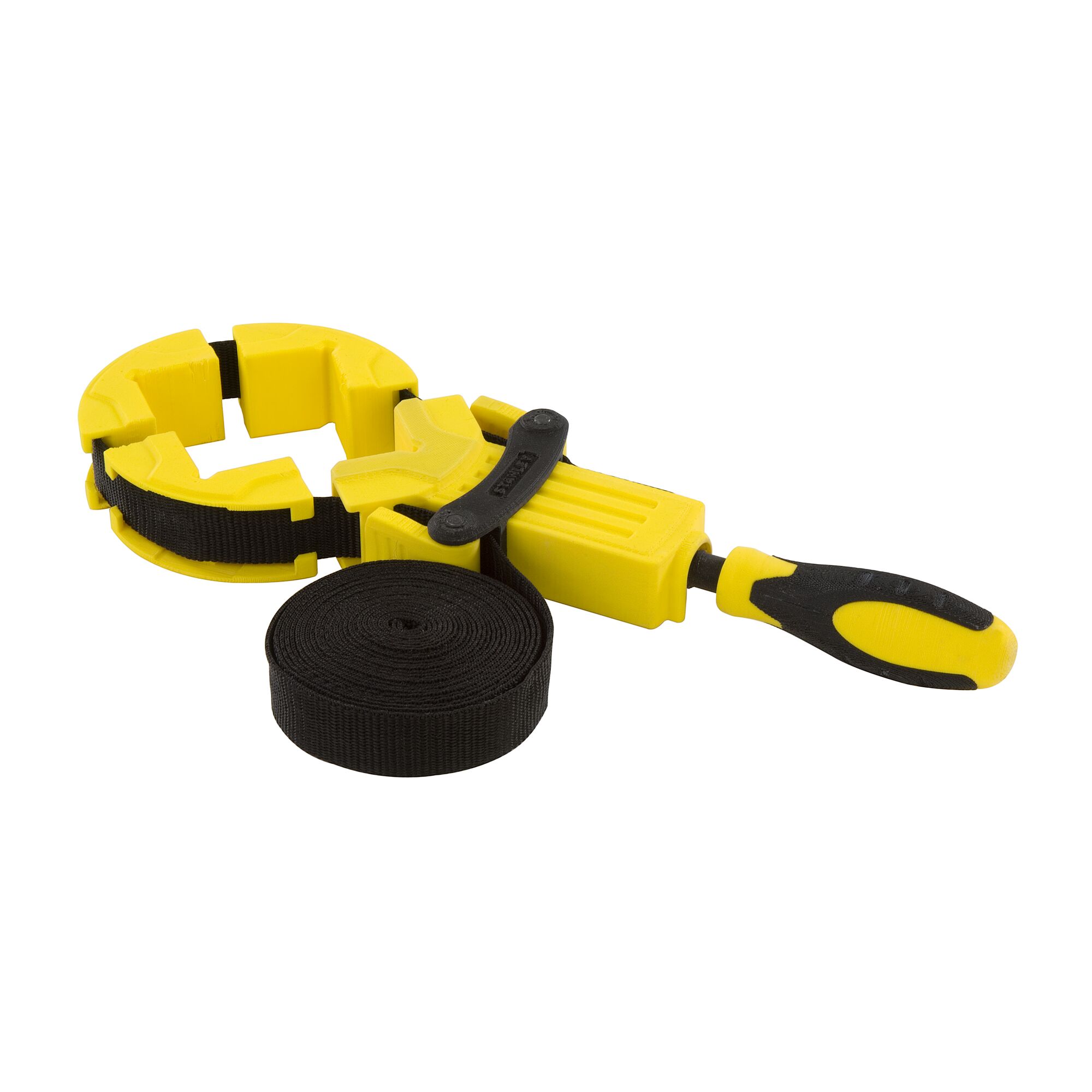STANLEY 0-83-100 band clamp with yellow handle and black strap, product photo on white background.
