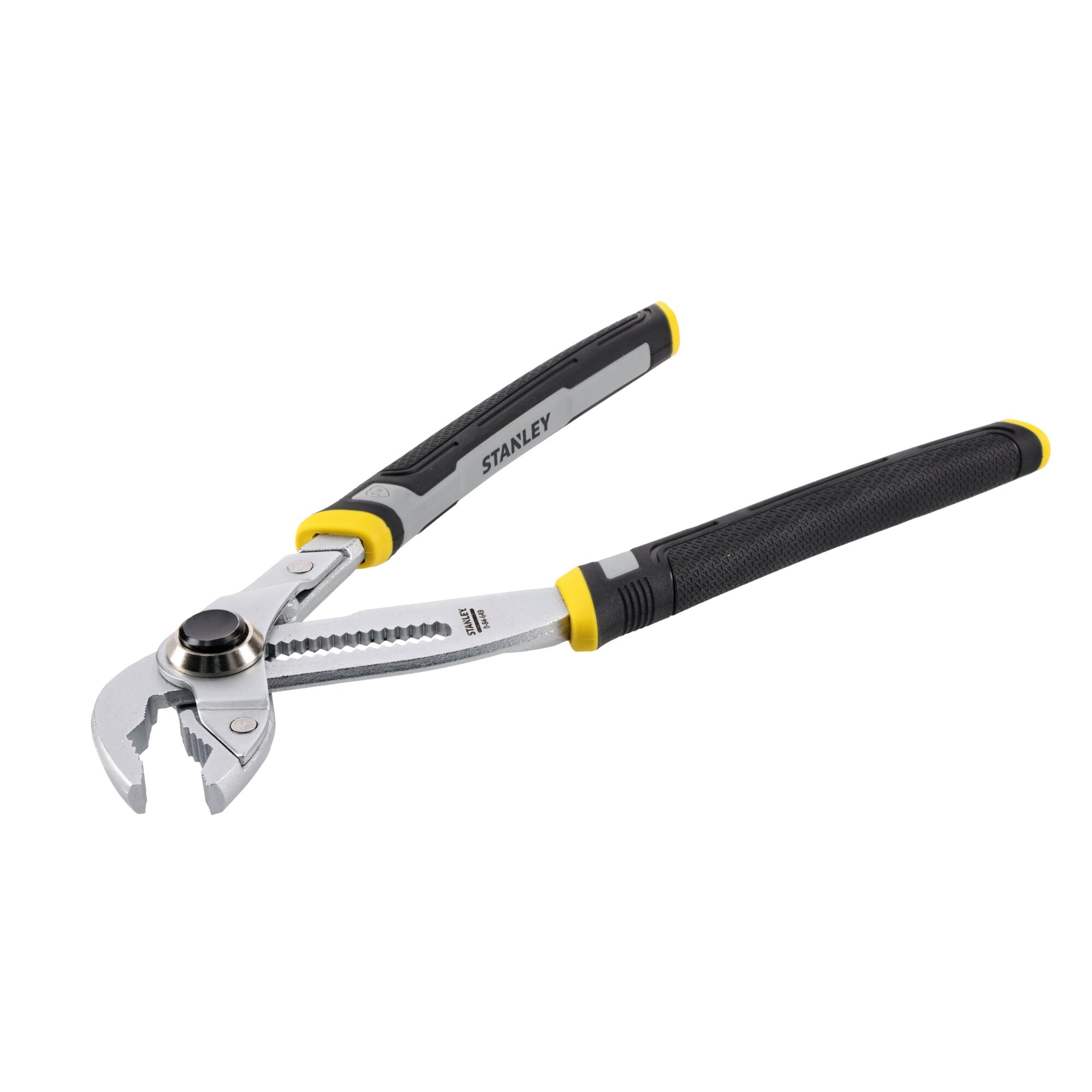 STANLEY adjustable groove joint pliers with a black and yellow handle, designed for gripping and turning various objects.