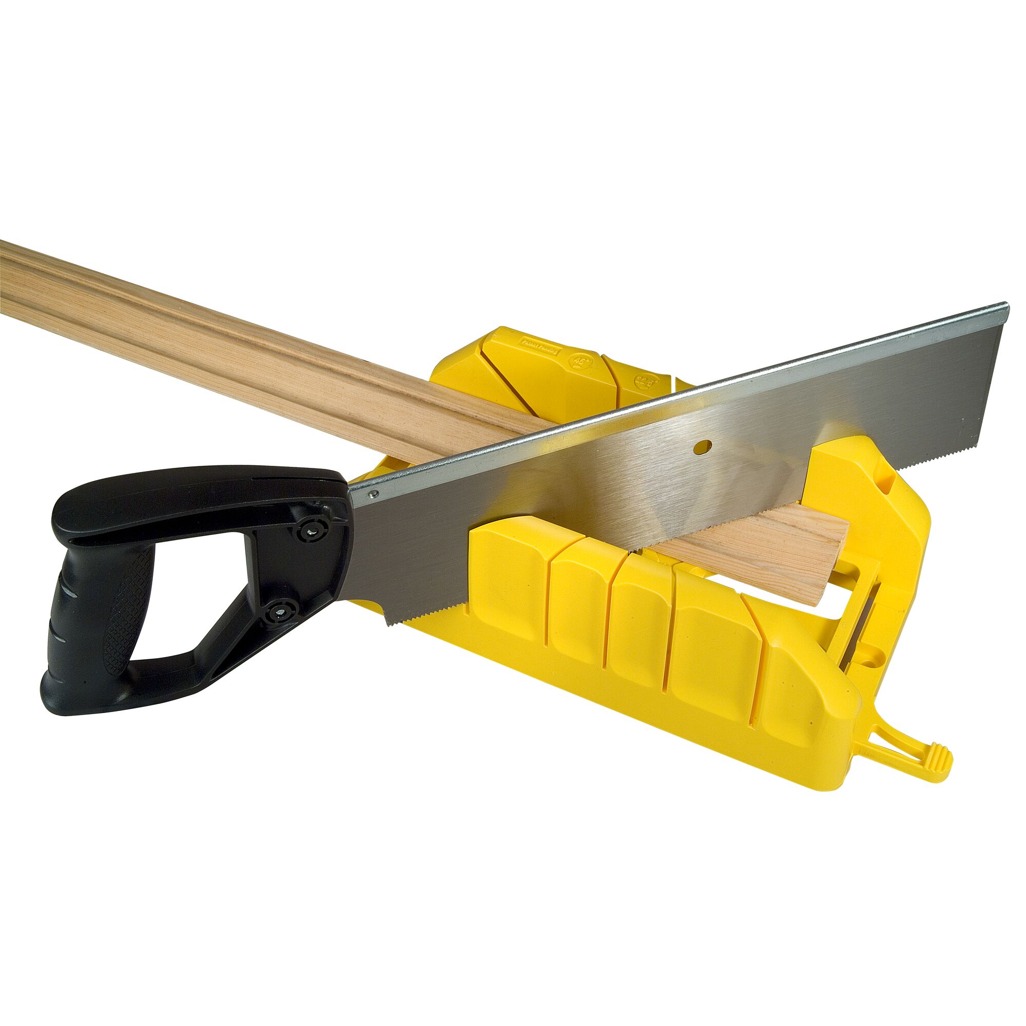 STANLEY 1-19-800 mitre box and saw, yellow plastic box with black handled saw, front angle, woodworking tool.
