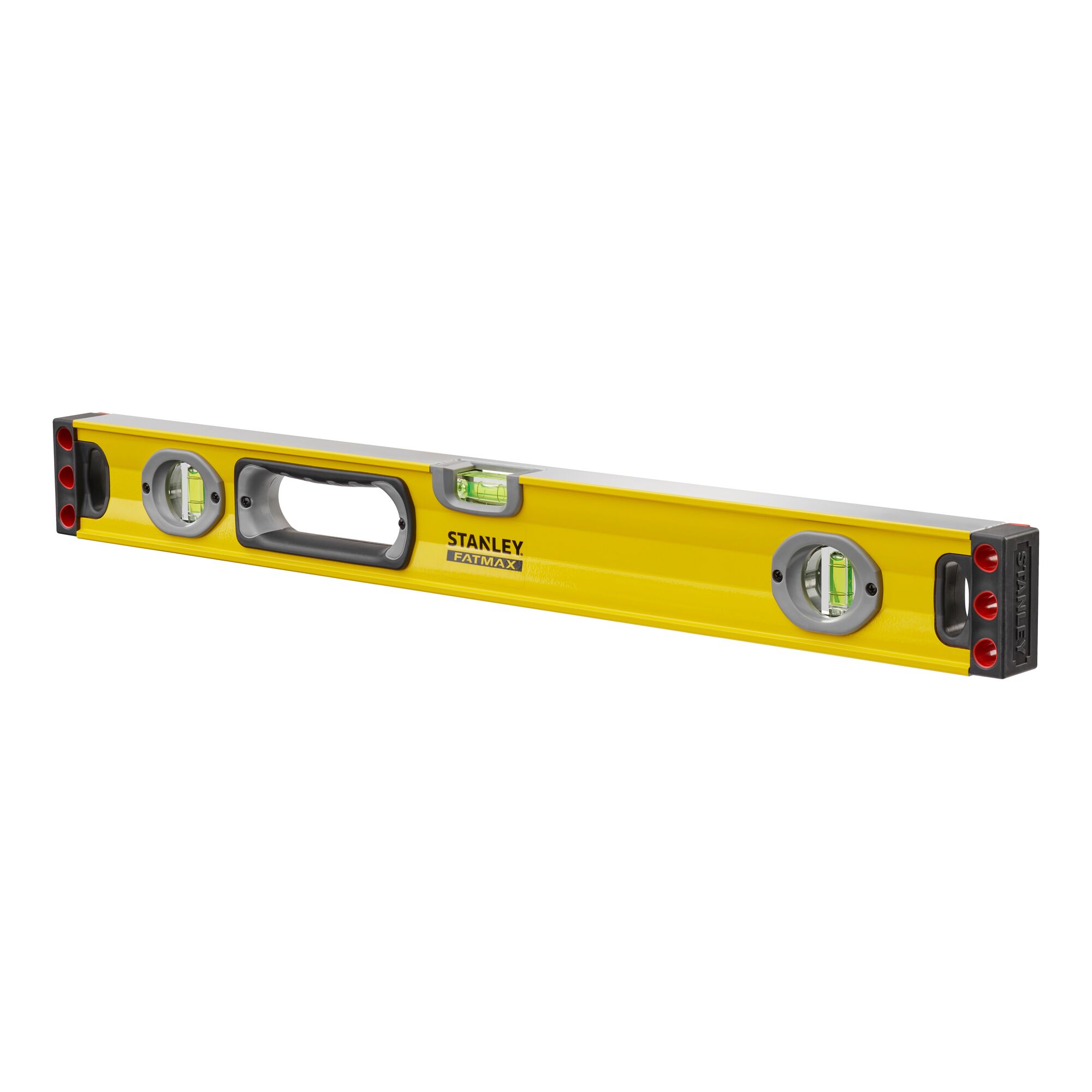 Yellow Stanley Fatmax spirit level with three bubble vials and ergonomic handle.