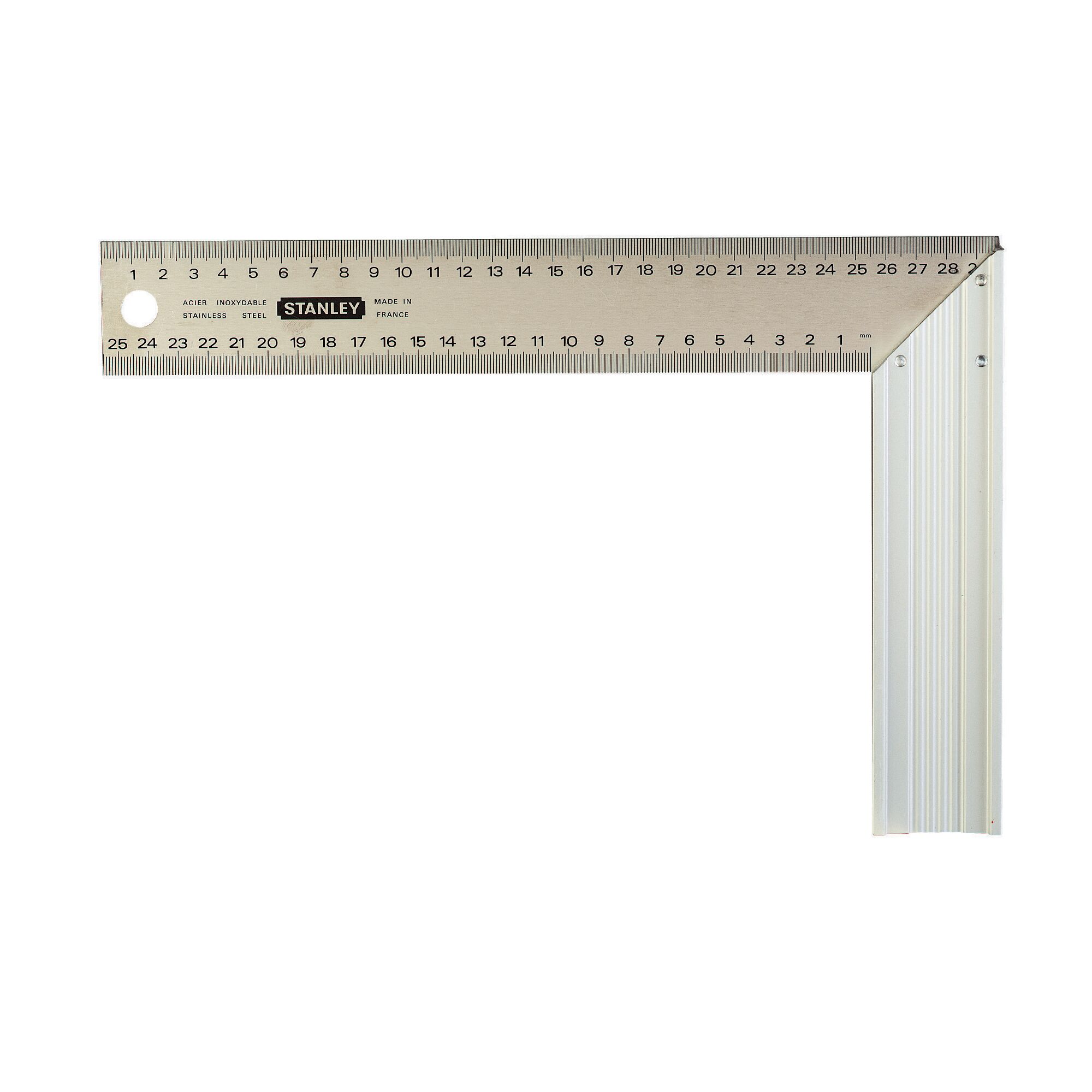 STANLEY 1-45-686 try square with stainless steel ruler, clear metric markings, top view on white background.
