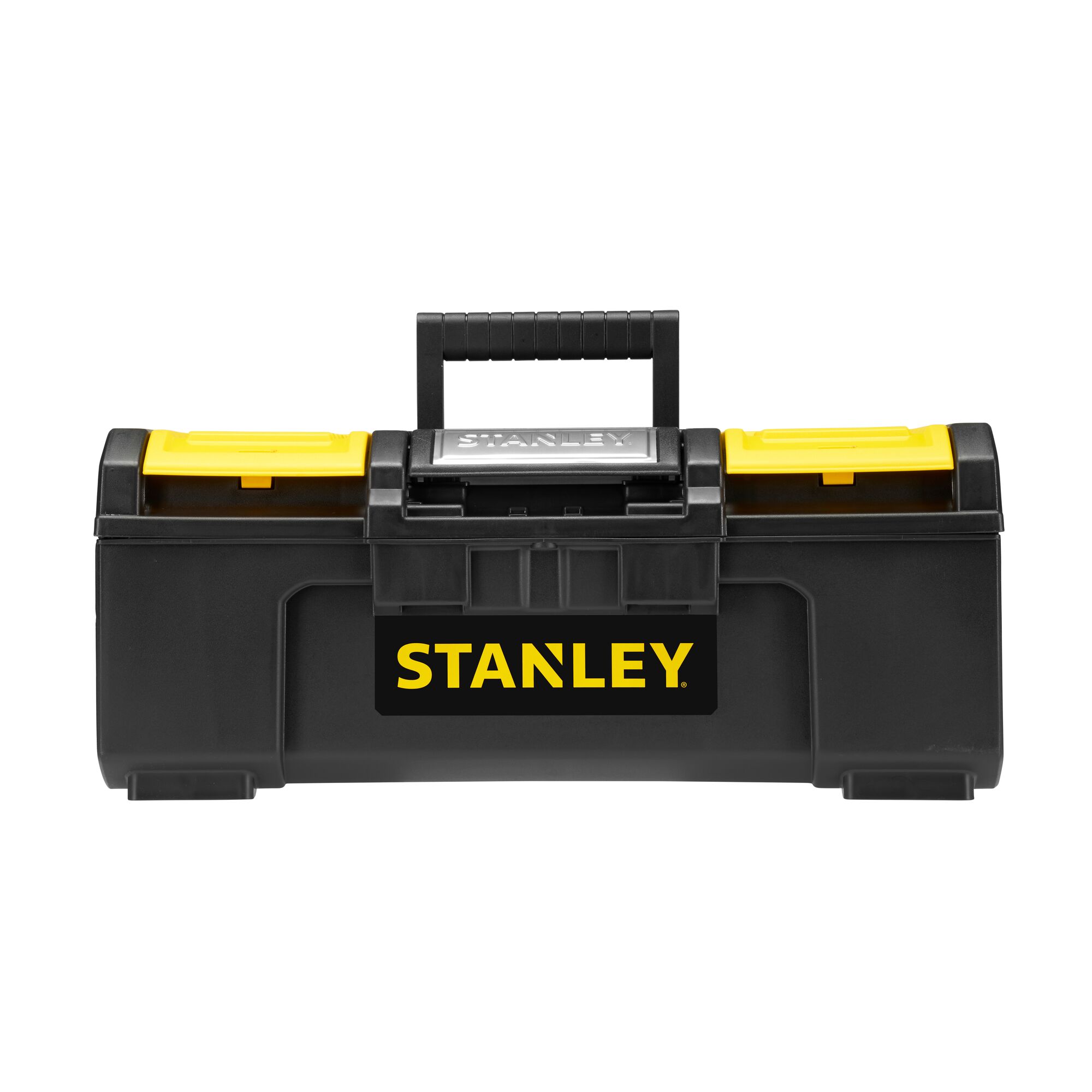 STANLEY 1-79-216 black and yellow plastic toolbox, front view on white background.