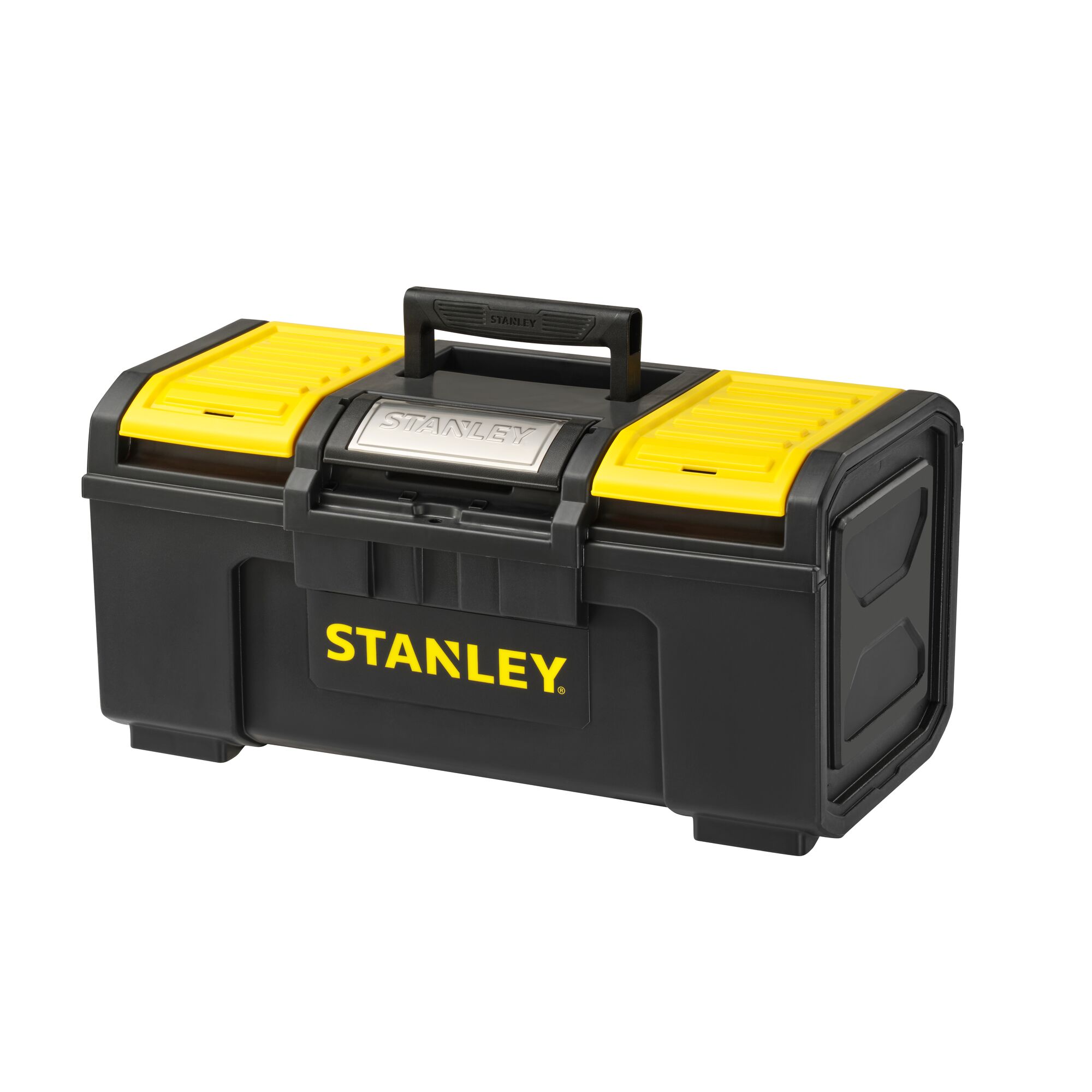 STANLEY 1-79-217 black and yellow plastic toolbox with metal latch, front angle, white background.