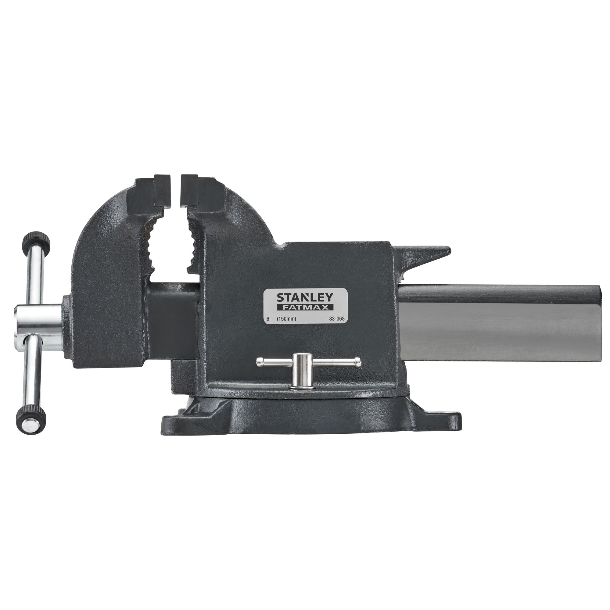 STANLEY 1-83-068 heavy-duty bench vise, black and silver, side angle on white background.