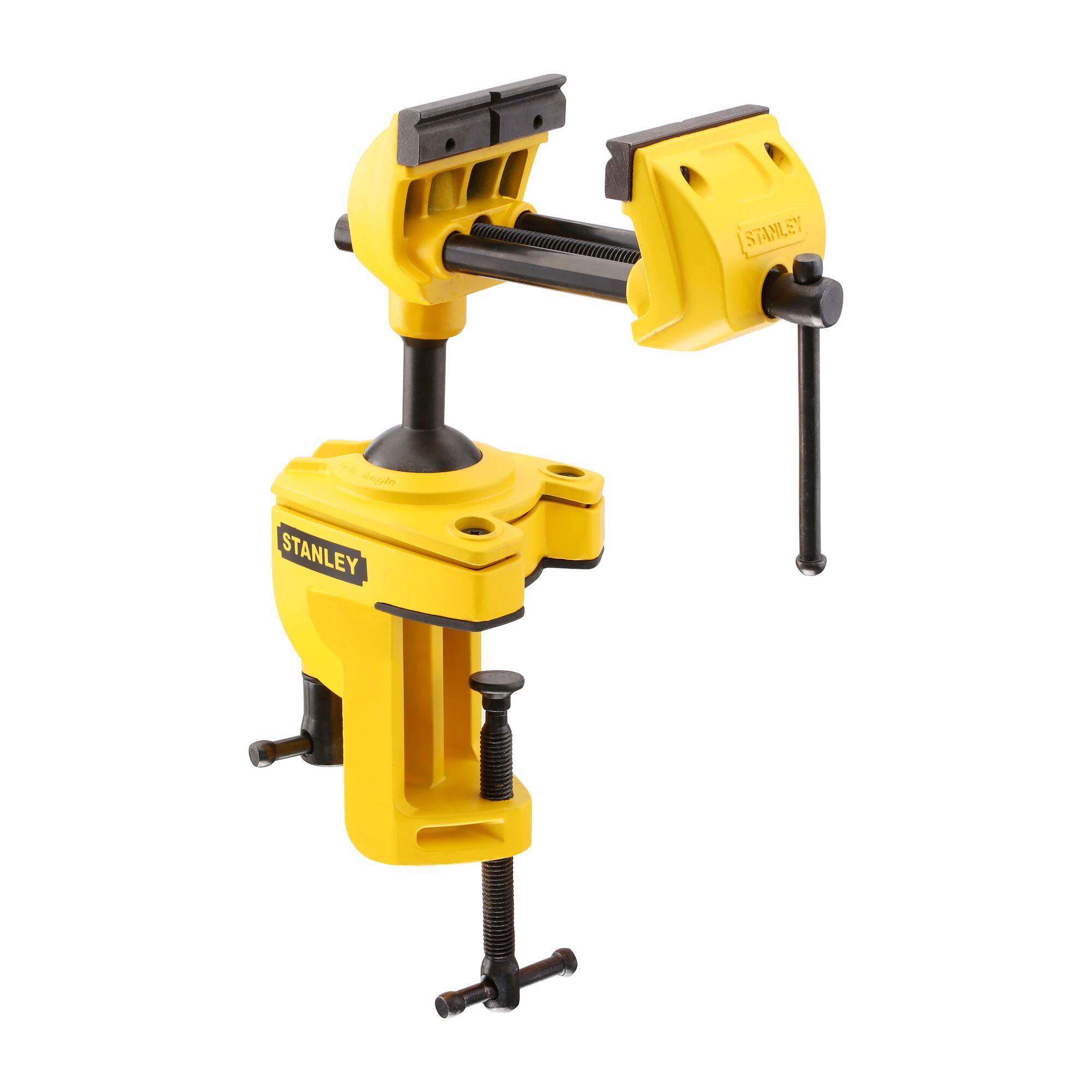 Photo of STANLEY 1-83-069 yellow bench vise, clamp base, front angle on white background.