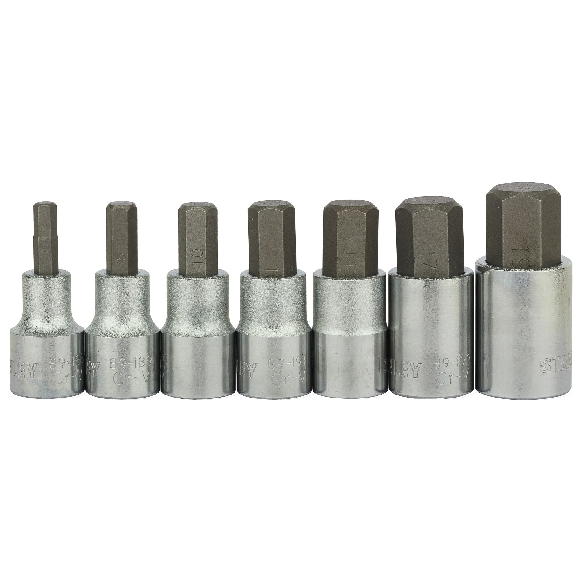 Stanley 1-89-099 hex bit socket set, seven silver and grey pieces, front angle, on white background.