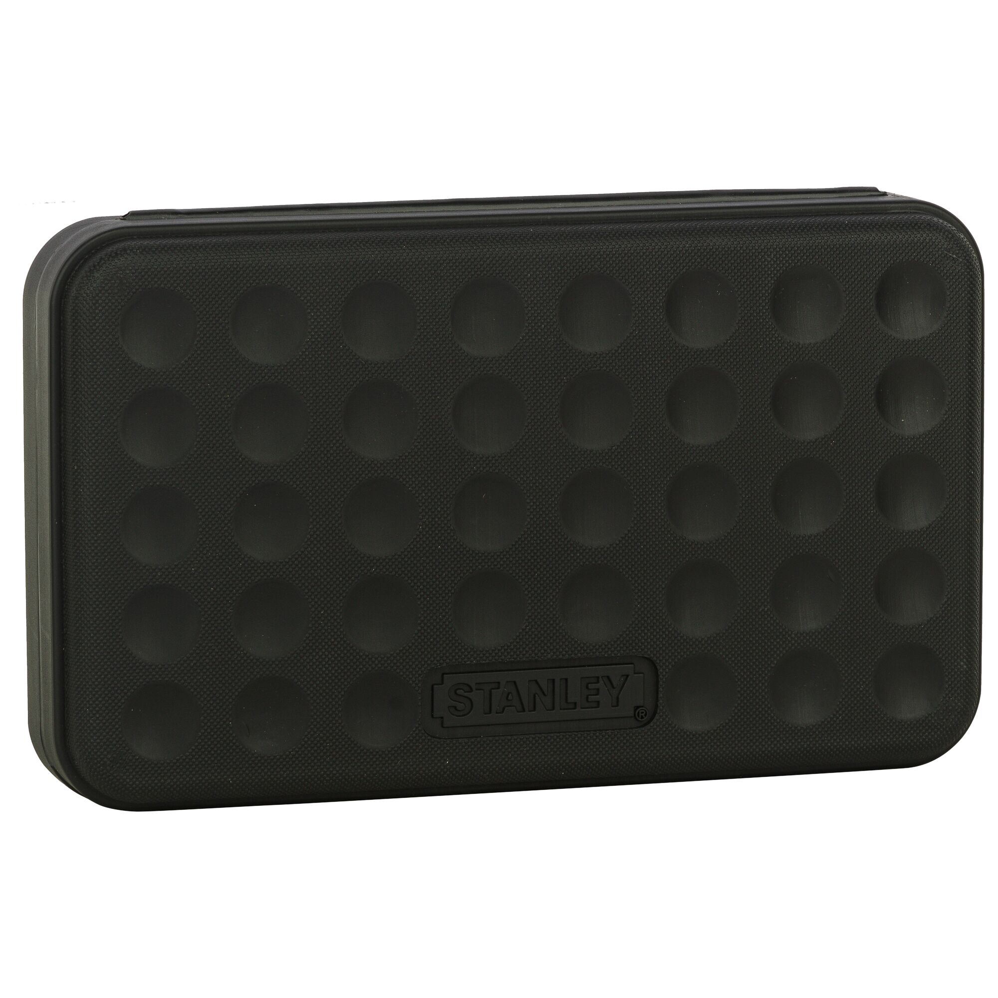 Black STANLEY case with rounded edges and circular pattern on the surface, used for tool or accessory storage.
