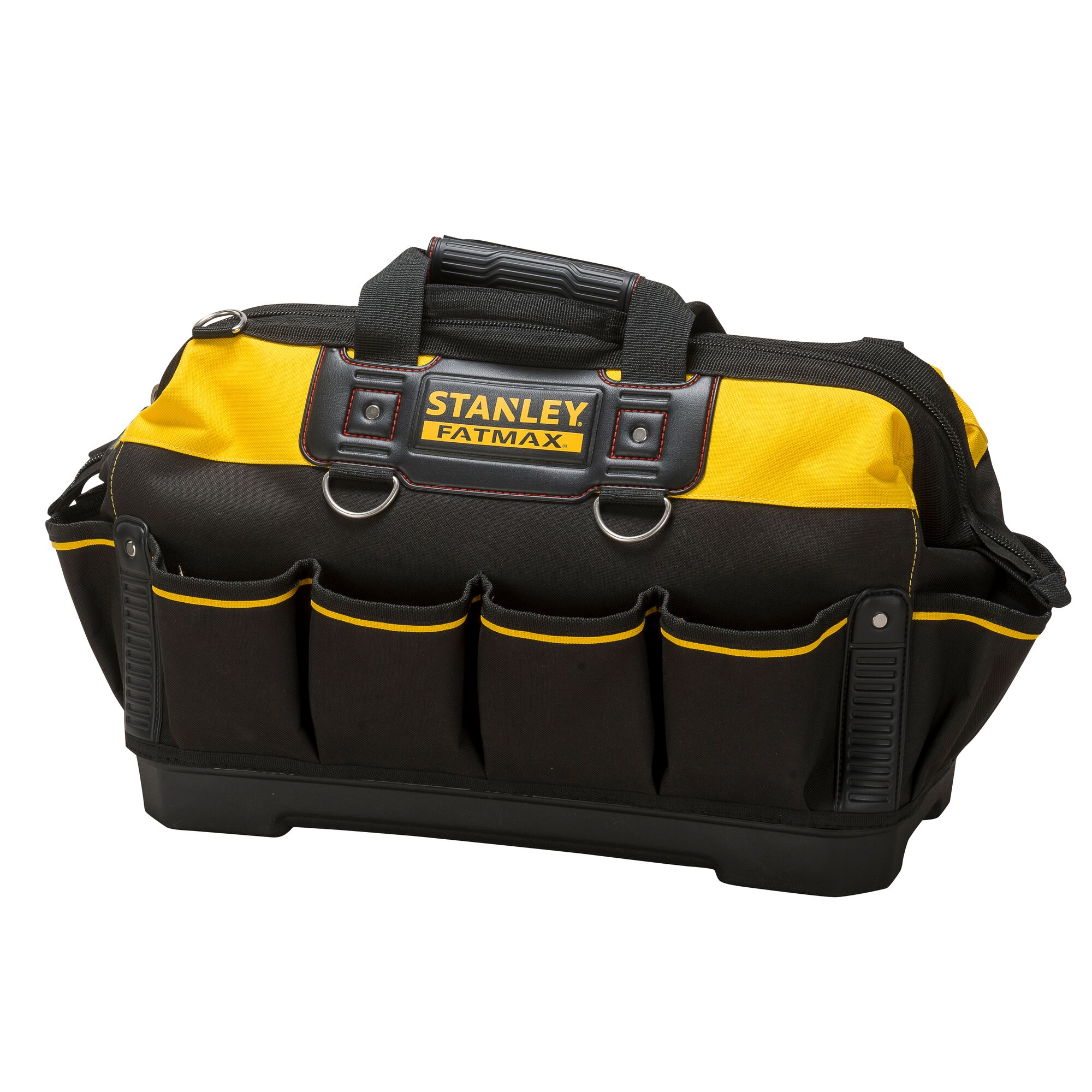 Stanley Fatmax tool bag with black and yellow design, multiple front pockets and a sturdy handle.