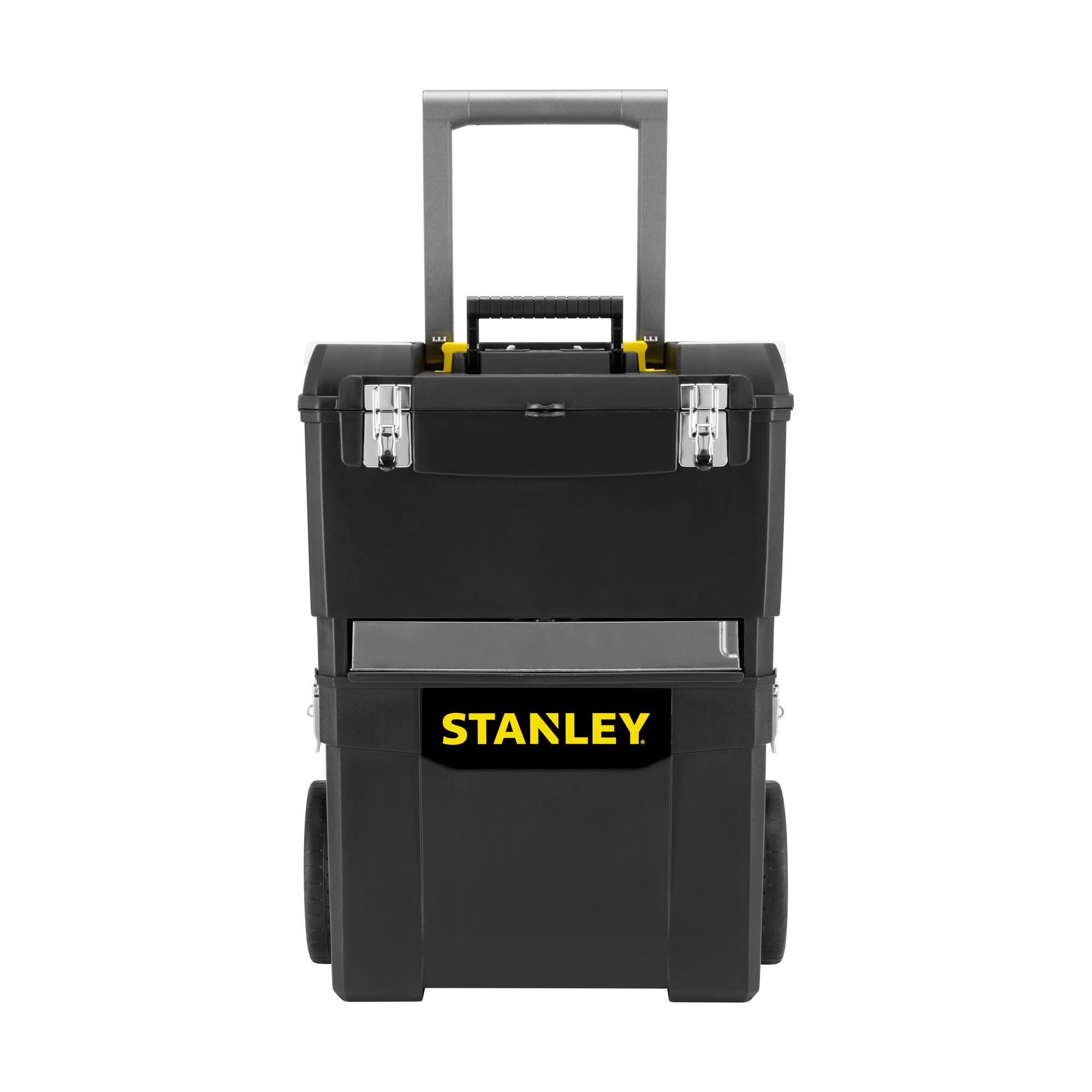 Stanley black rolling toolbox with metal latches and handle, suitable for storing photography gear.
