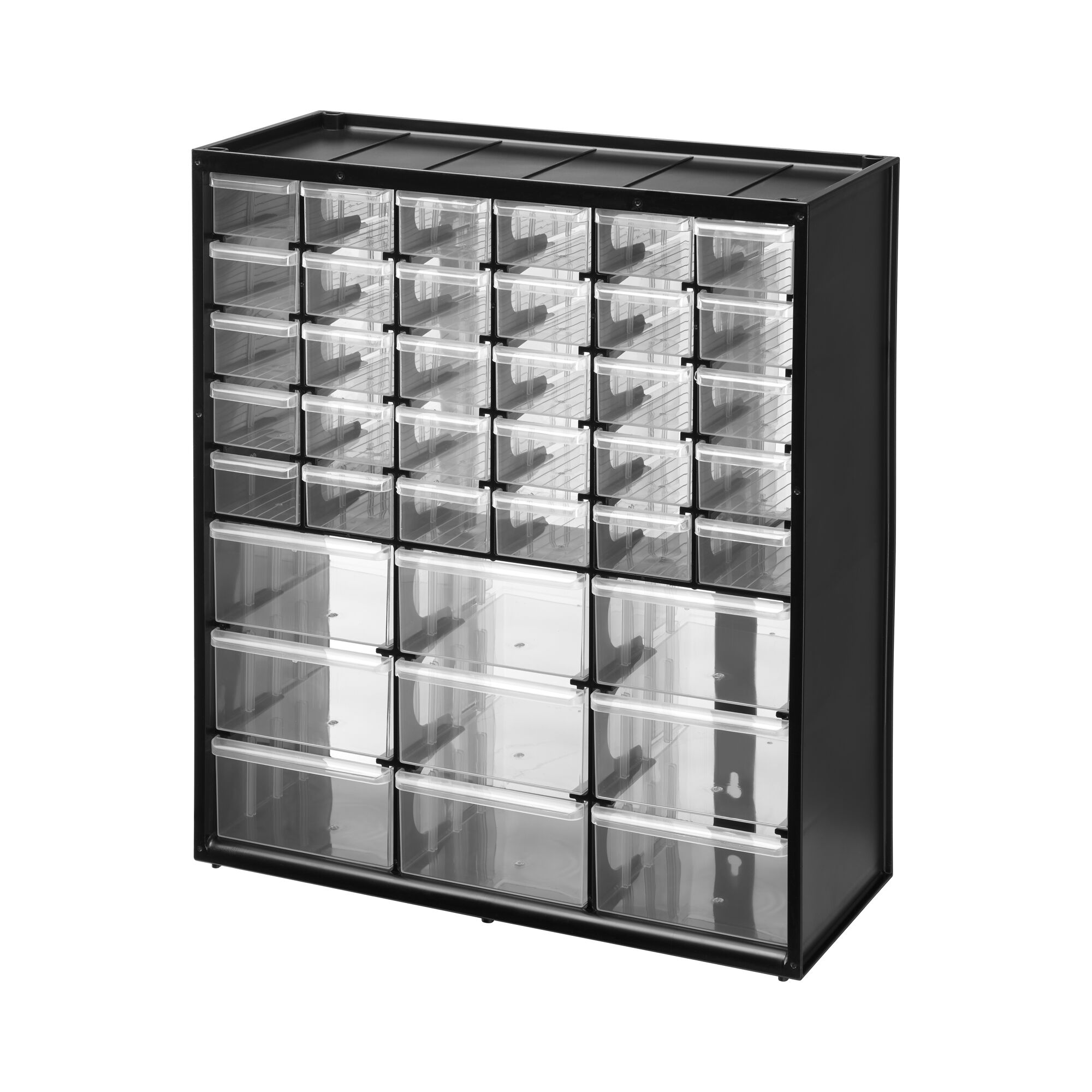 STANLEY 1-93-981 black plastic storage organizer with 30 small and 9 large clear drawers, front angle.