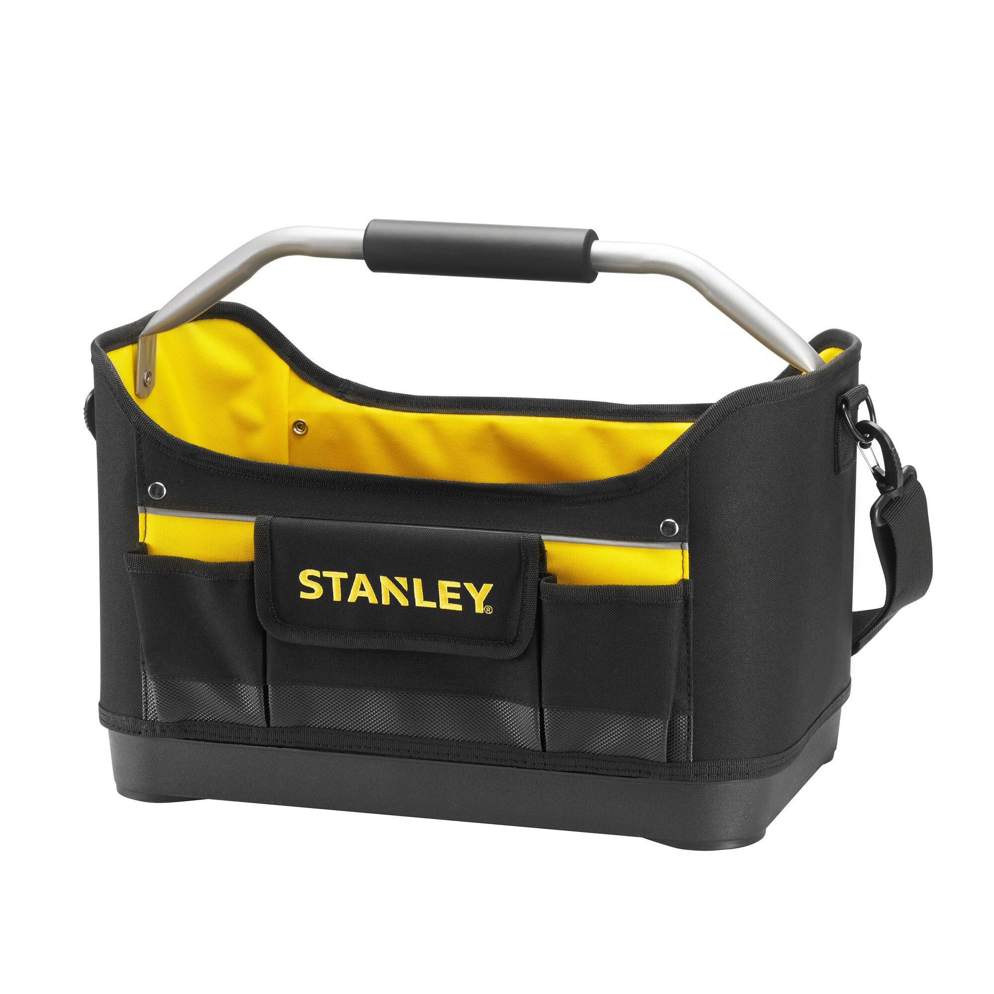 STANLEY 1-96-182 tool bag with black and yellow fabric, open top, multiple exterior pockets, and metal handle, front angle.