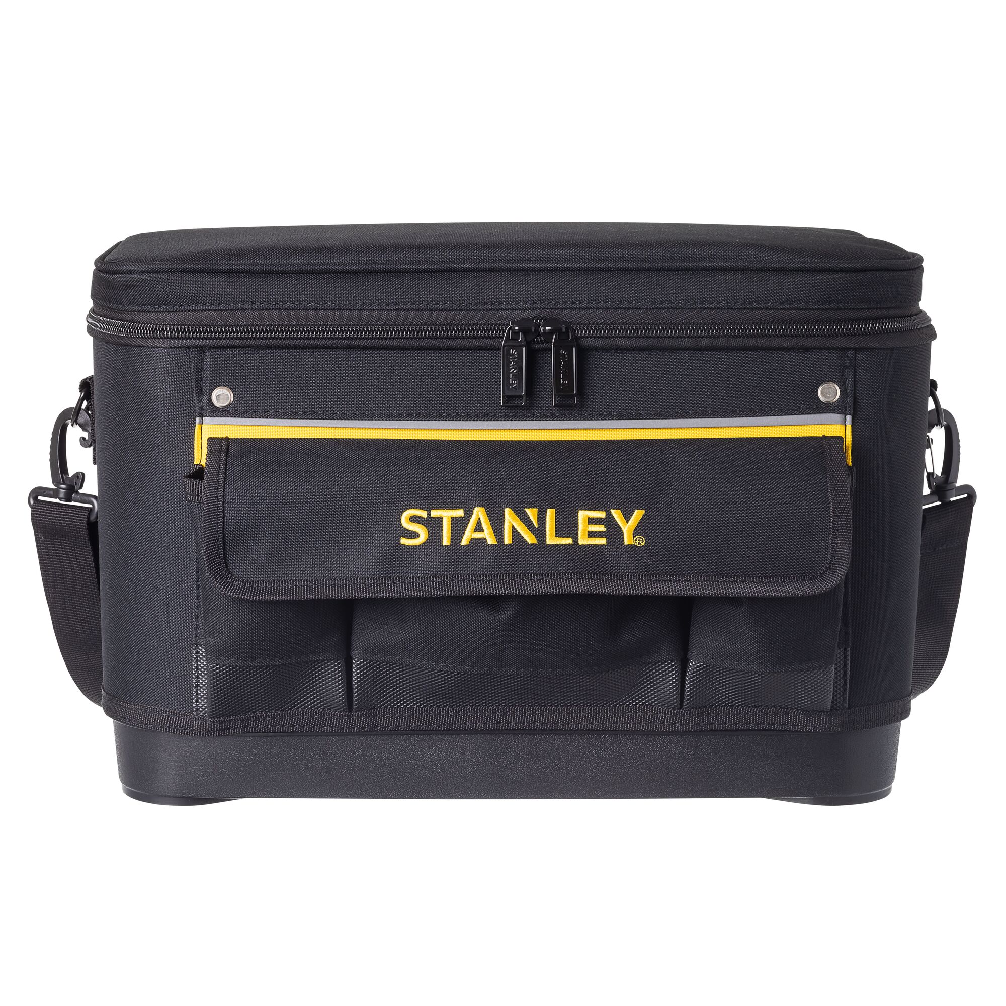 STANLEY 1-96-193 tool bag, black with yellow trim, front angle, zippered top, shoulder strap.