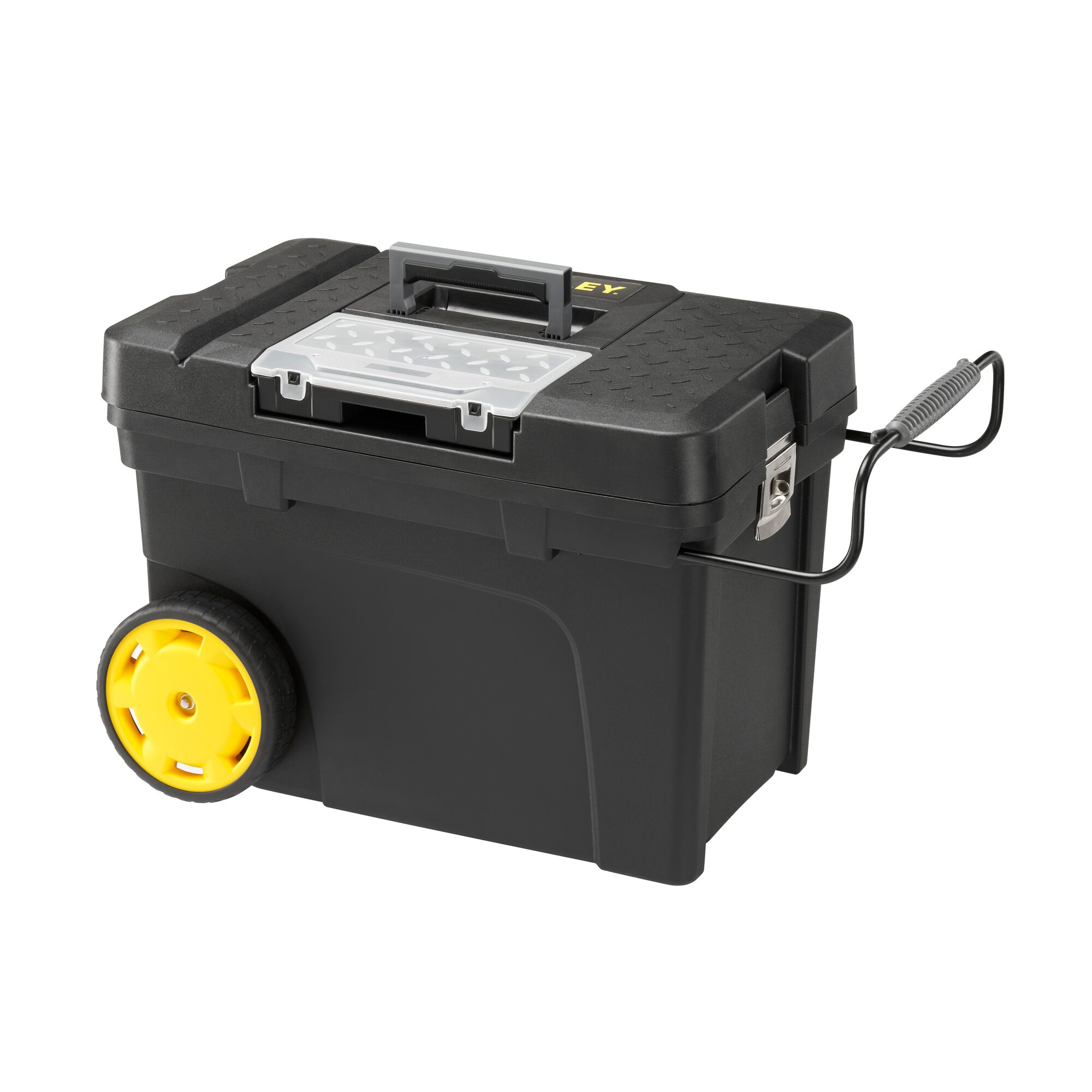 STANLEY 1-97-503 rolling toolbox with yellow wheels, black body, and top organizer, front angle photo.