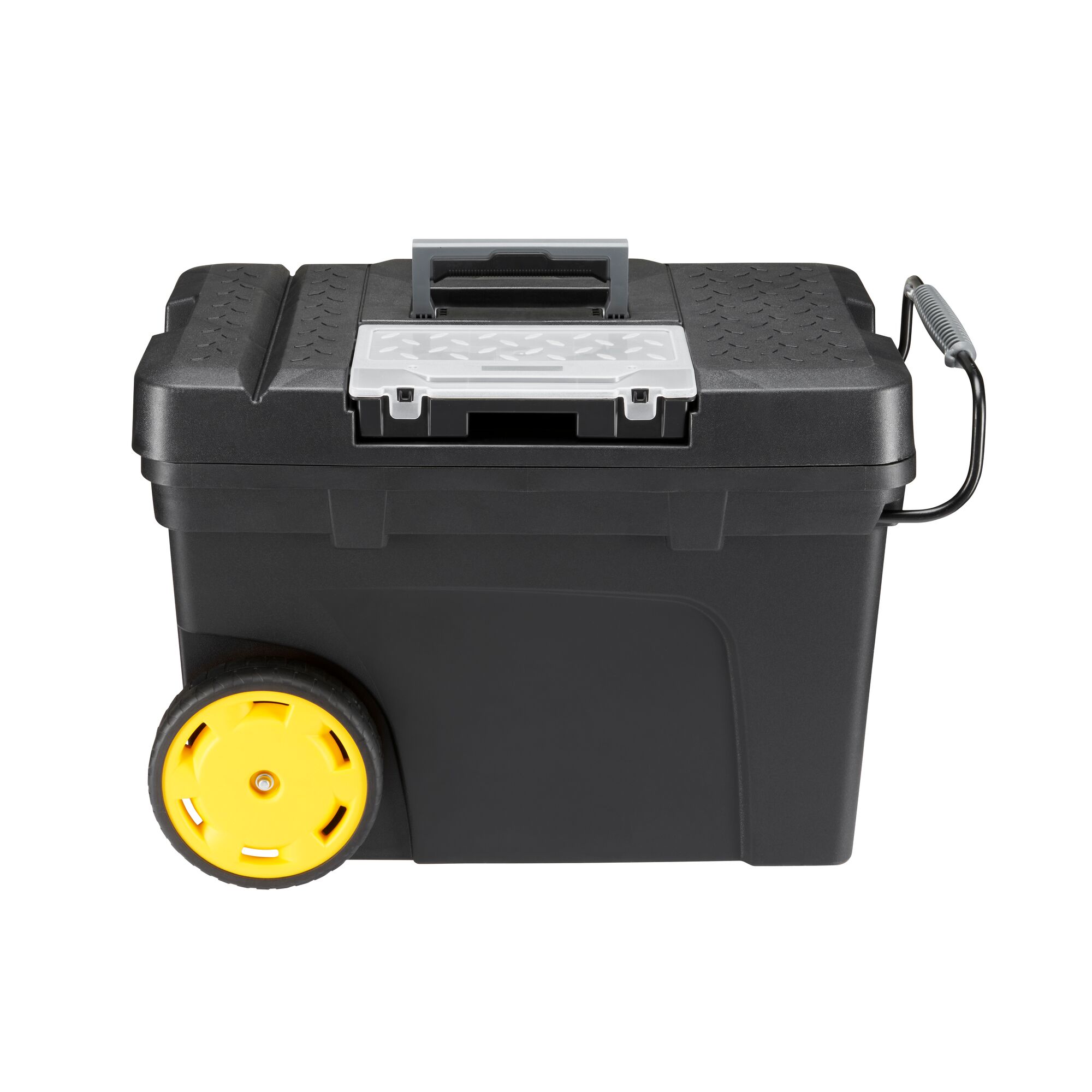 STANLEY 1-97-503 rolling toolbox with yellow wheels, black body, gray lid, front angle photo.