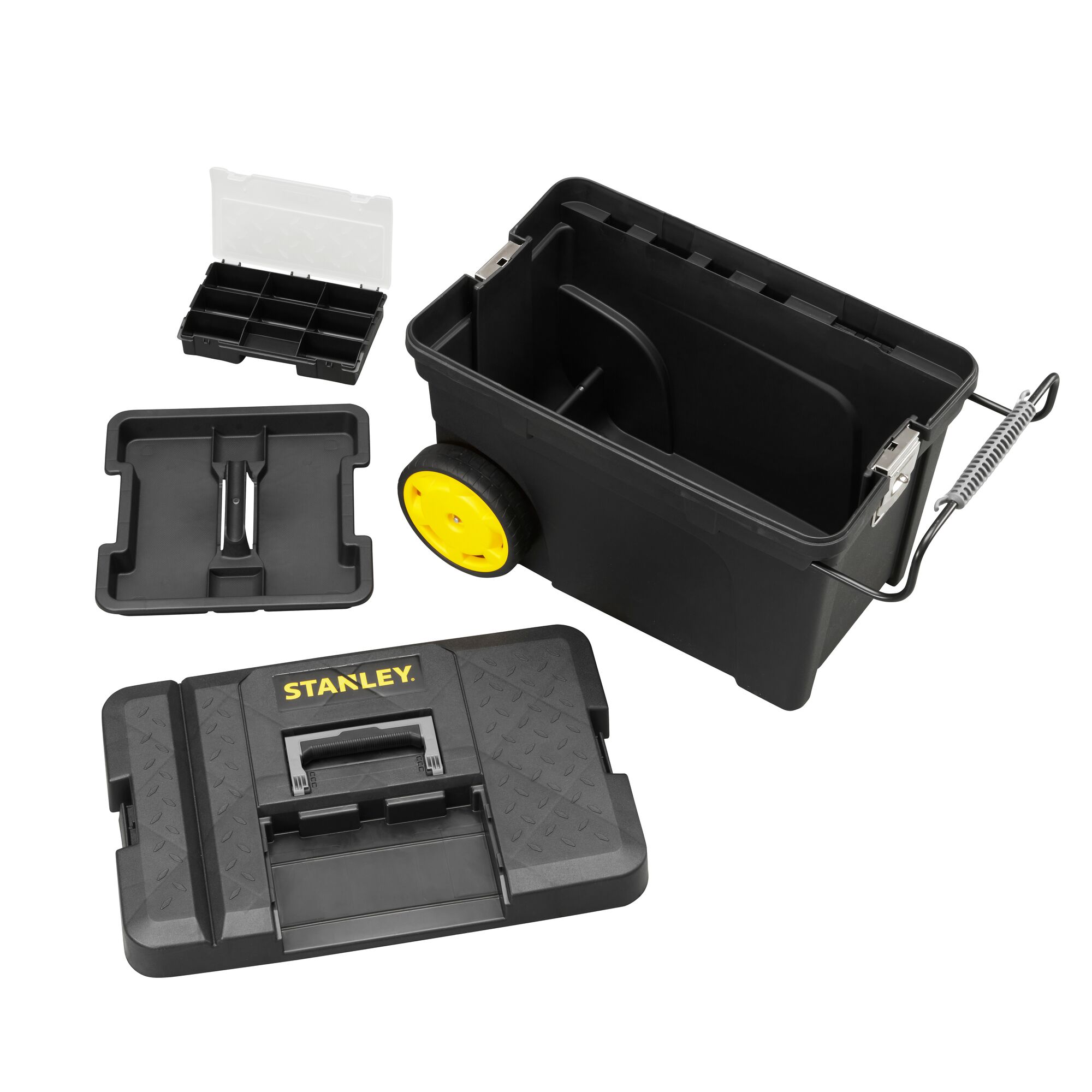 STANLEY 1-97-503 open black rolling toolbox with yellow wheels, removable tray and organizer, white background angle.