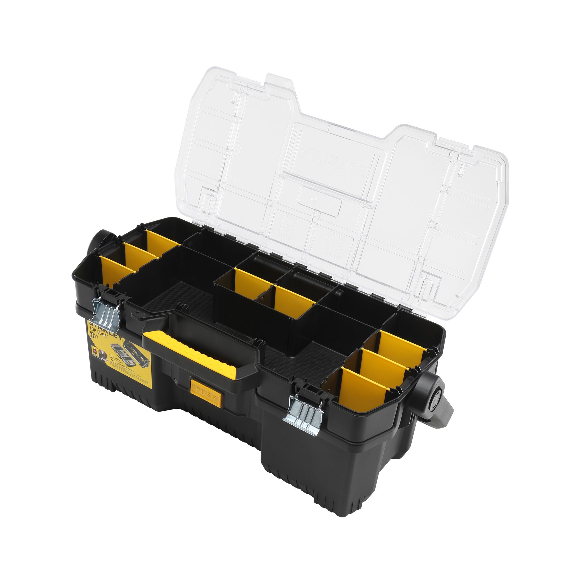 STANLEY 1-97-514 black organizer box with yellow dividers and clear lid, angled front view.