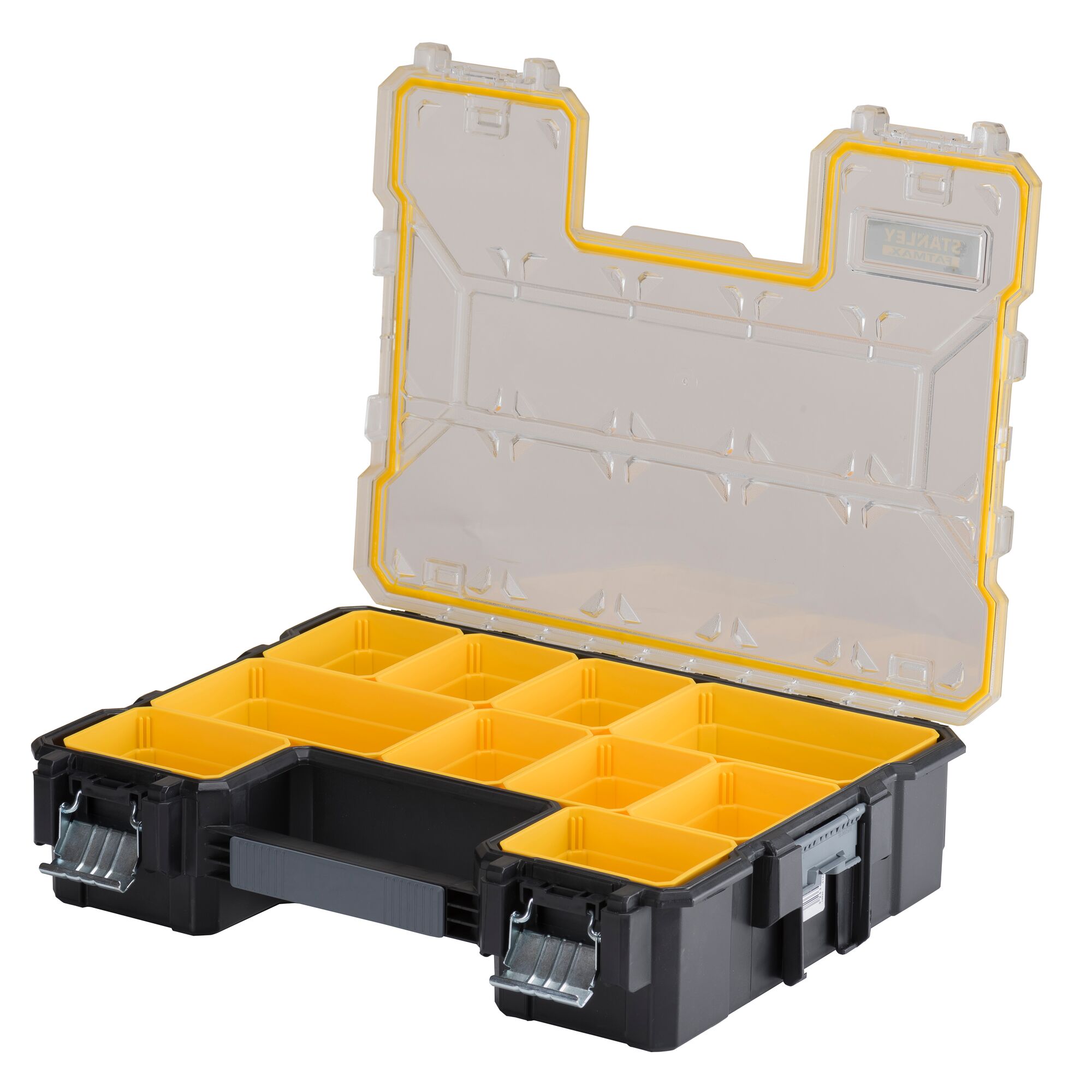 Stanley organizer box with clear lid, yellow compartments, and metal latches for storing small tools and accessories.