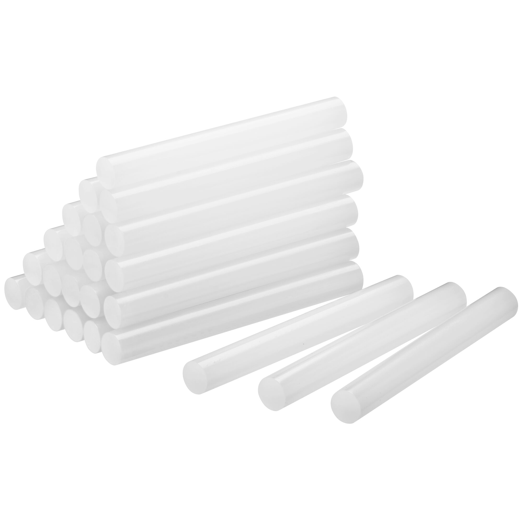 STANLEY 1-GS20DT clear hot glue sticks, side angle, photography of stacked cylindrical adhesive rods.