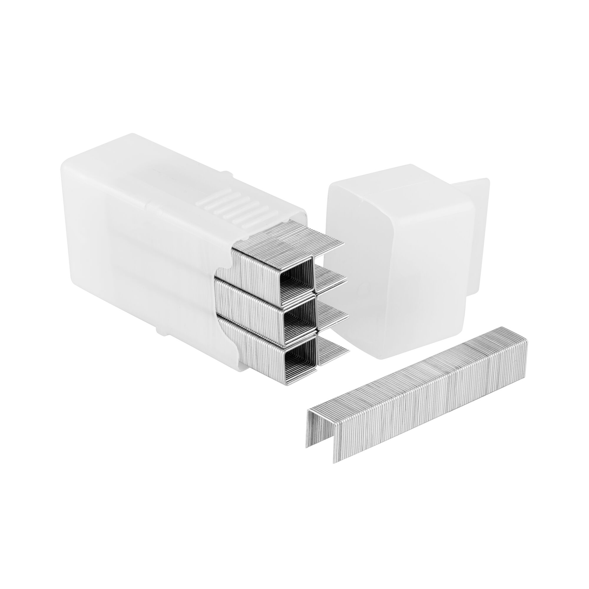 STANLEY 1-TRA208T silver staples in open white plastic box, side angle, one staple strip in front.