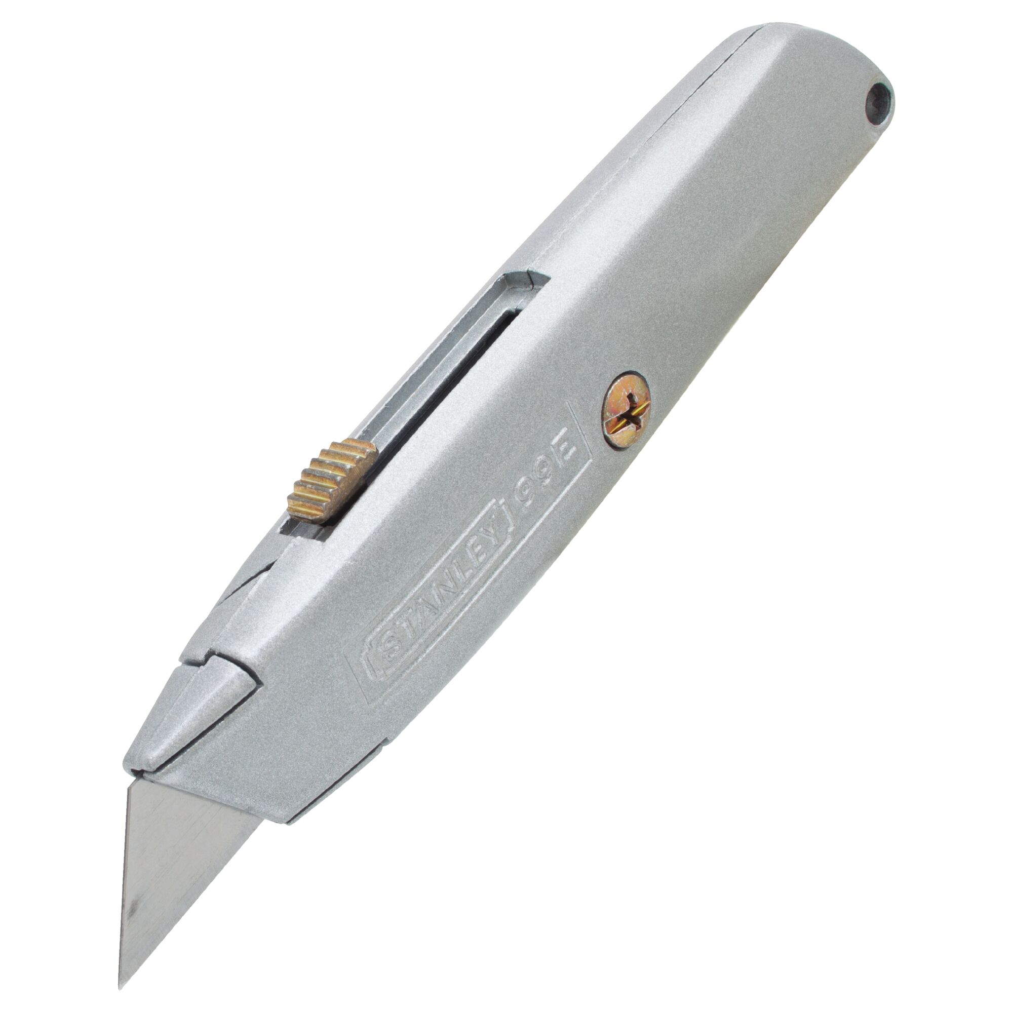 STANLEY 10-099 utility knife, silver metal, side angle, retractable blade, ribbed thumb slider, screw fastener.
